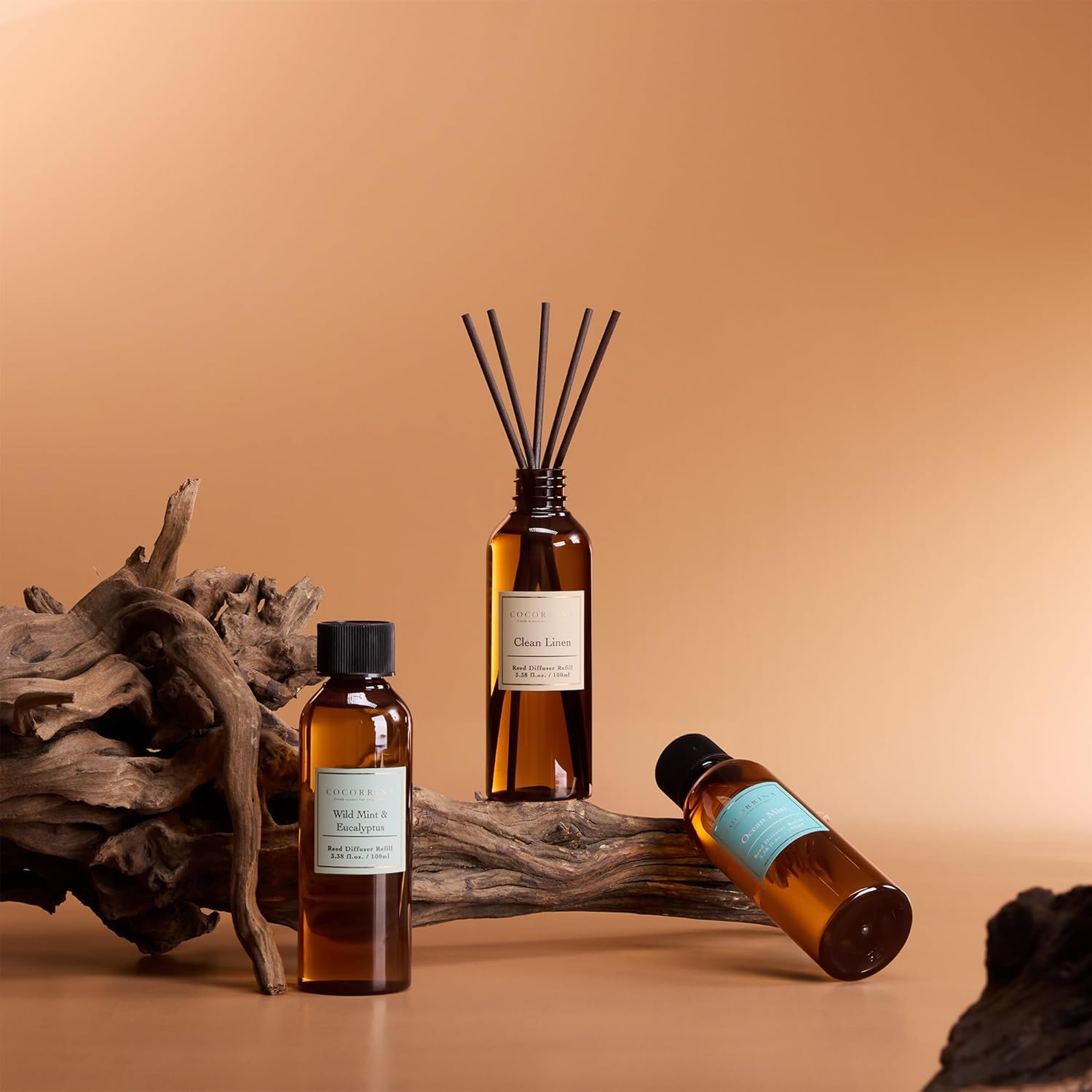 COCORRÍNA Reed Diffuser Refill Set, 10.2oz Scented Oil Refill 3 Pack, Clean Linen, Ocean Mist, Eucalyptus & Moss, Long Lasting Oil Diffuser Refill with 18 Sticks for Bathroom & Bedroom