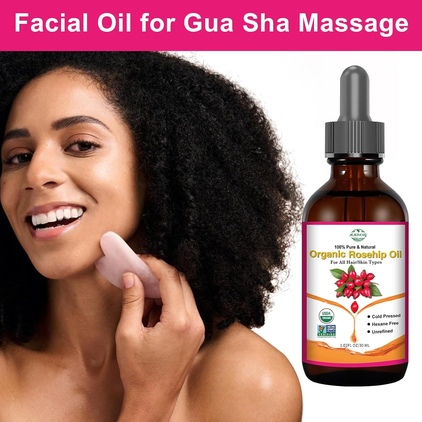 Organic Rosehip Seed Oil for Face, USDA Certified, Cold Pressed, Unrefined, 100% Pure Natural Rose Hip Oil for Anti-Aging, Acne Scar Treatment, Skin & Hair Care, Gua Sha Massage, 1 fl.oz / 30ml