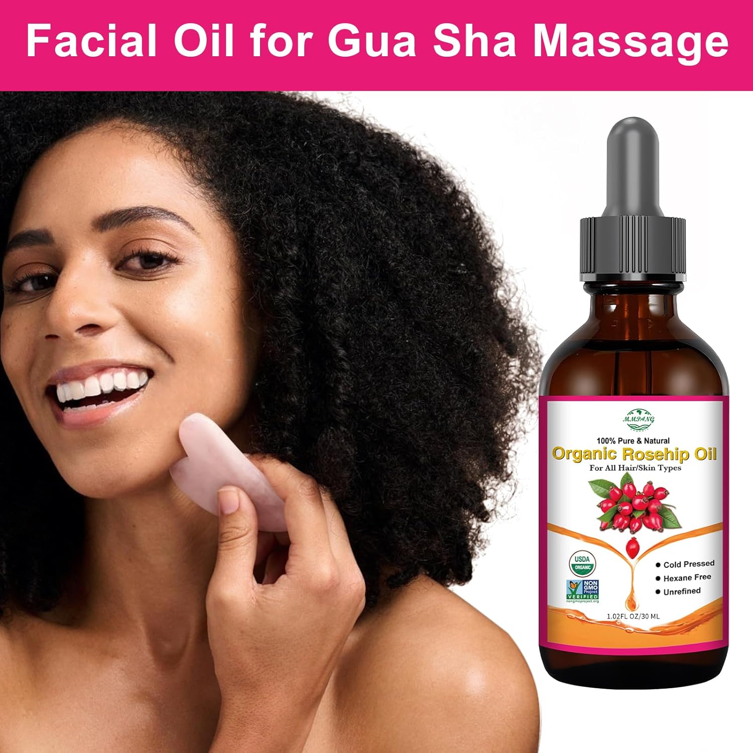 Organic Rosehip Seed Oil for Face, USDA Certified, Cold Pressed, Unrefined, 100% Pure Natural Rose Hip Oil for Anti-Aging, Acne Scar Treatment, Skin & Hair Care, Gua Sha Massage, 1 fl.oz / 30ml