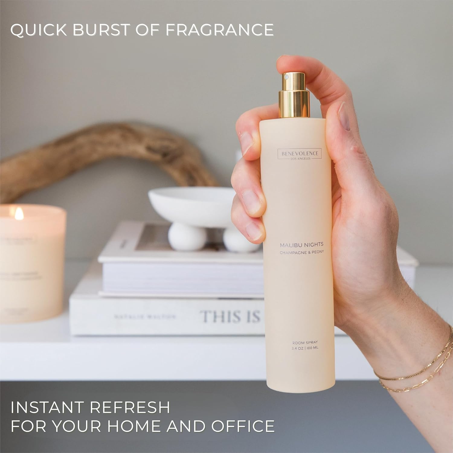 Champagne & Peony Room Spray | Benevolence LA Malibu Nights | 3.4oz | Home, Pillow & Linen Fragrance Spray | Low VOC, No Alcohol | Malibu Sands Collection