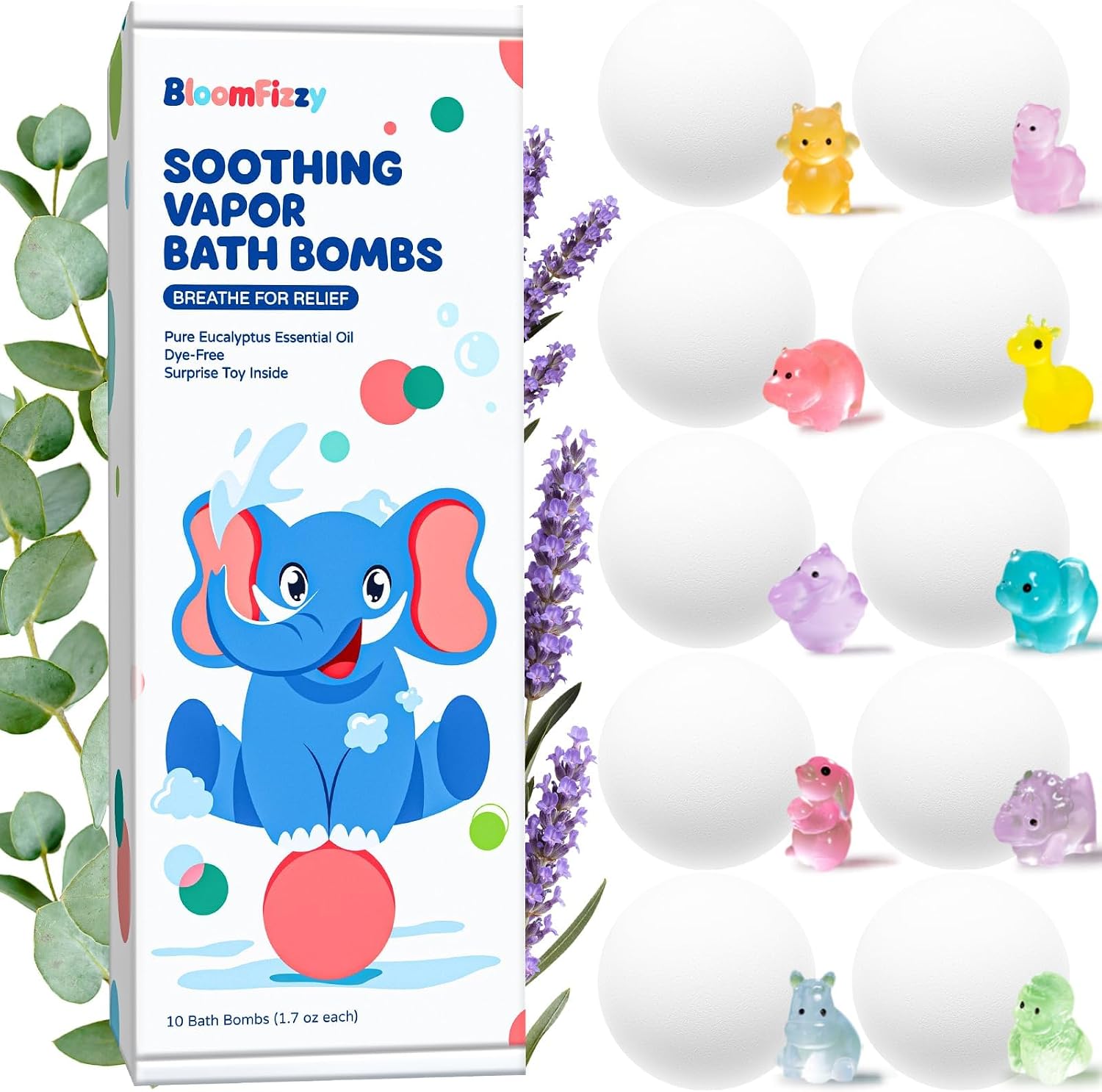 BloomFizzy Soothing Vapor Bath Bombs for Kids with Surprise Toys Inside, Eucalyptus & Lavender Essential Oils, Dye-Free Aromatherapy Bath Fizzies, 10 Pack