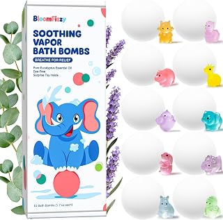 BloomFizzy Soothing Vapor Bath Bombs for Kids with Surprise Toys Inside, Eucalyptus & Lavender Essential Oils, Dye-Free Aromatherapy Bath Fizzies, 10 Pack