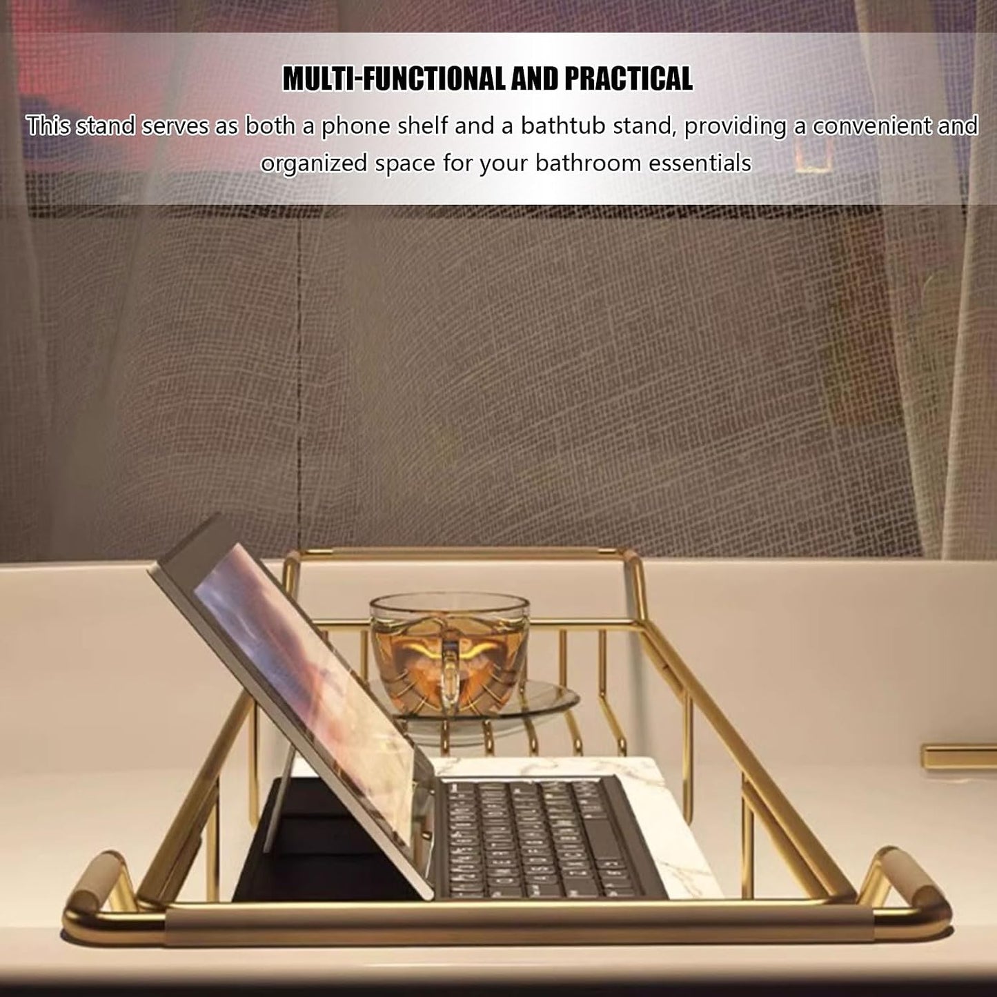 Bathtub Caddy Tray for Luxury Bath - Stainless Steel Bath Tub Table Shelf with Marble Chopping Board - Expandable Bath Tub Tray Bathtub Caddy Tray,A