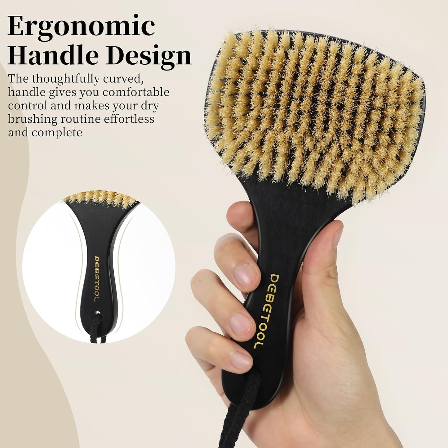 DEBETOOL Dry Brushing Body Brush for Exfoliating - Natural Boar Bristle Lymphatic Drainage Brush for Body Care, Removes Flaky Skin & Improves Blood Circulation