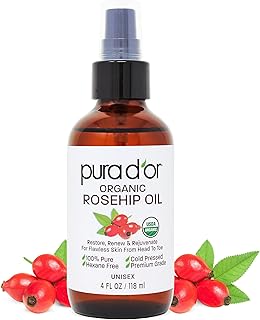 PURA D'OR ORGANIC Rosehip Seed Oil 100% Pure Cold Pressed USDA Certified For Hair, Skin, Scalp, Anti Aging Face & Body - Hexane Free Glass Bottle - 4 Oz - Hair Regrowth Tonic