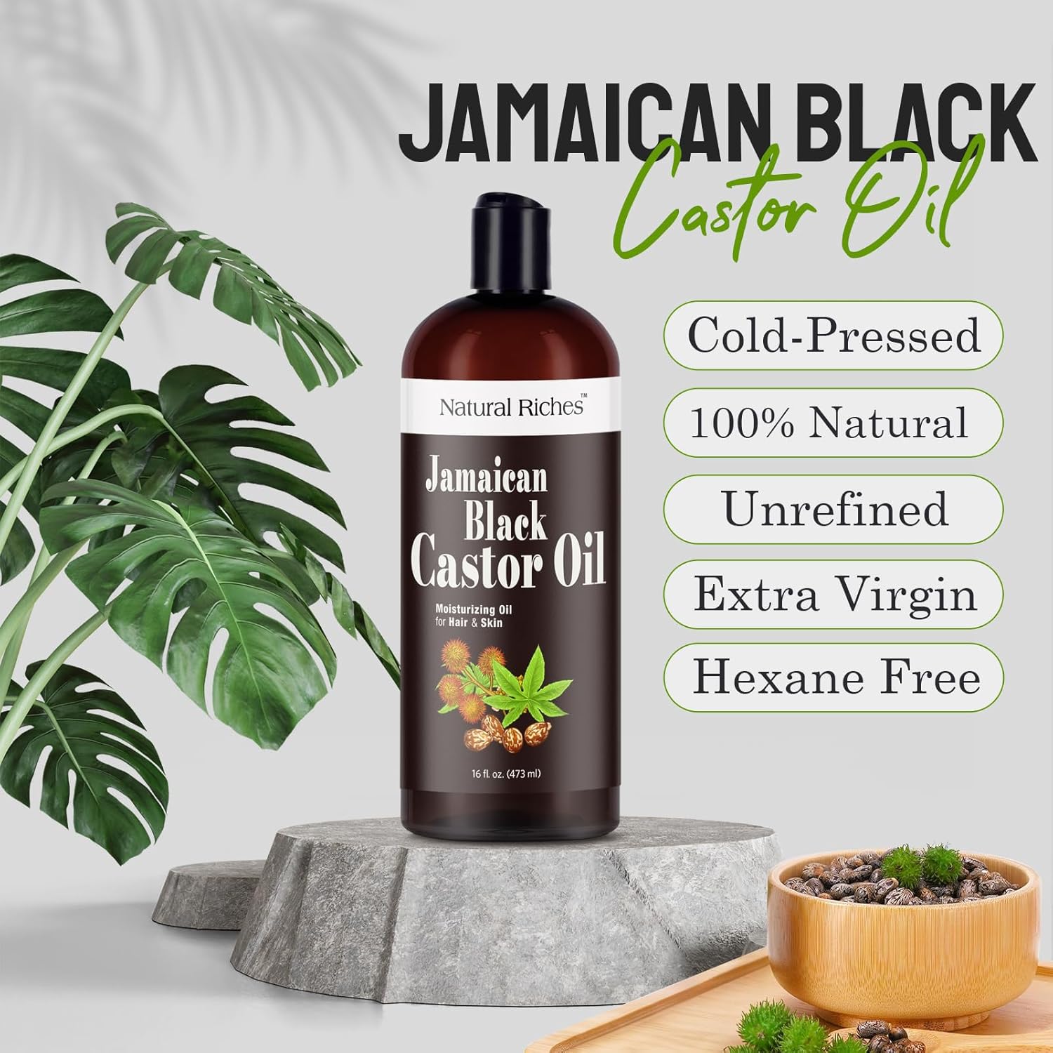 Natural Riches Jamaican Black Castor Oil Pure Organic Cold Pressed for Hair Growth Skin Care for Dry Skin Conditioning Eyebrows Eyelashes Scalp and Nail Moisturizes & Repairs 16fl.oz.