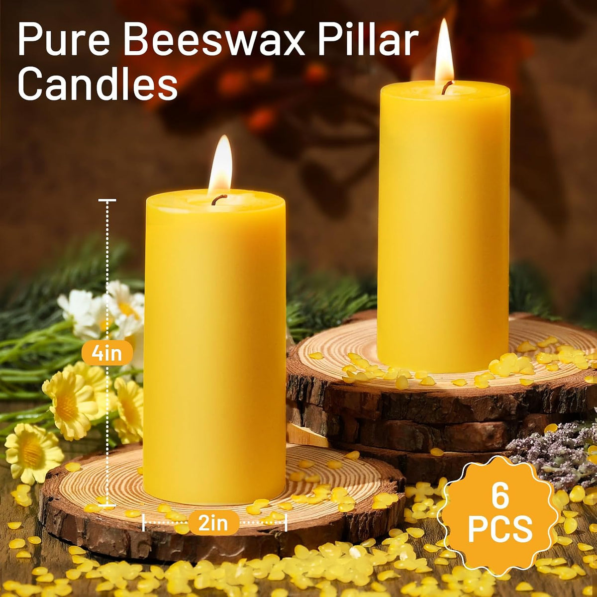 6 Pack Natural Beeswax Pillar Candles