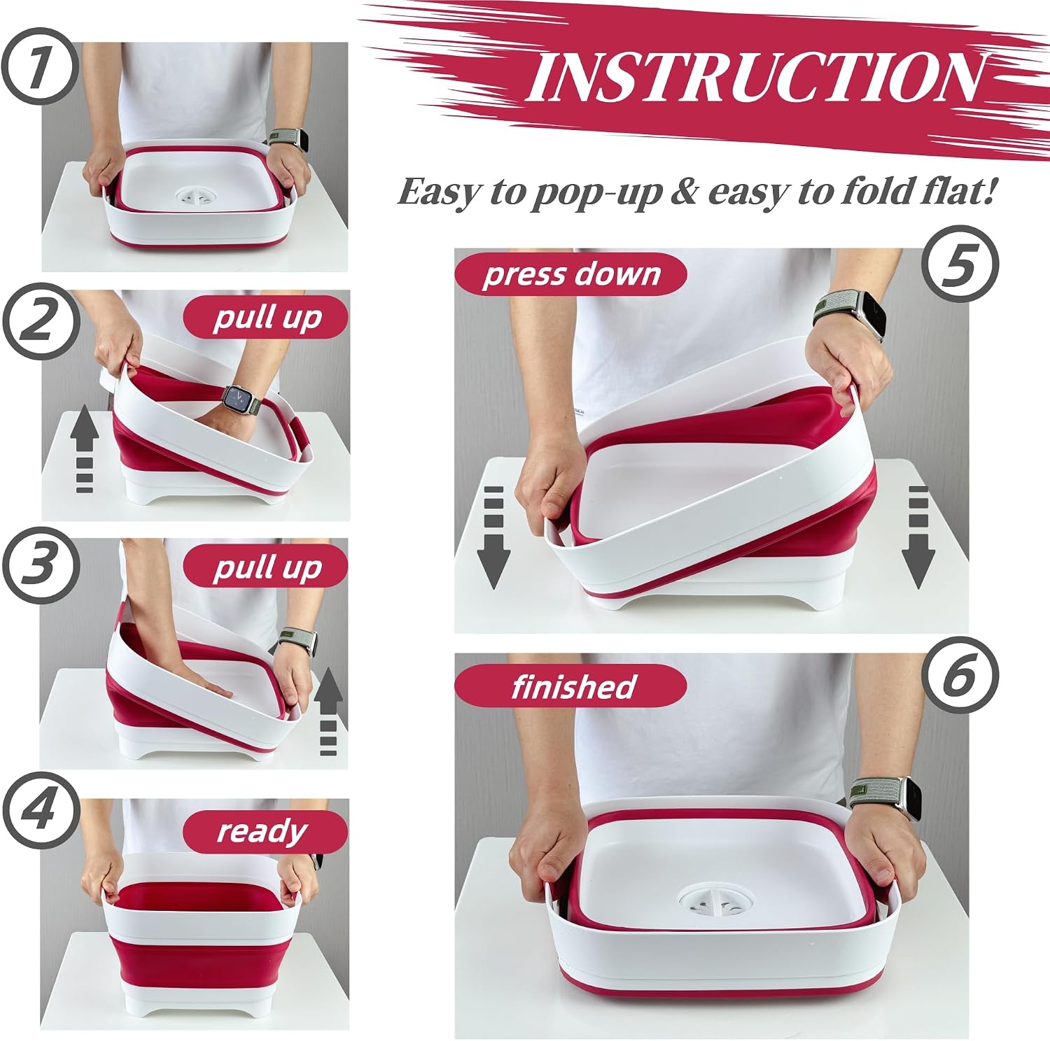 GIMWA 2.6 Gal(10L) Collapsible Camping Sink, Magenta Space-Saving Collapsible Dish Basin with Drain Plug for bottle washing, Collapsible Bucket for RV Essentials and Foot Soaking