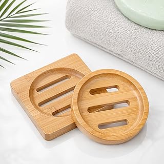 2 PCS Shower Steamer Holder Wood Soap Dish Holder Bamboo Soap Dish Wooden Soaps Dishes for Shower Home Bathroom (Round and Square)