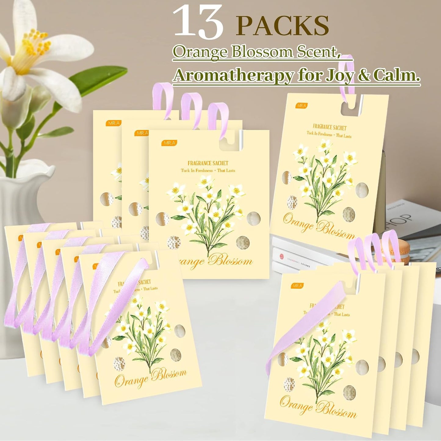 13 Packs Orange Blossom Scented Sachets for Drawer and Closet, Long-Lasting Car Air Freshener Sachet Bags, Drawer deodorizers Fresh Scents, Fragrance Bedroom Essentials