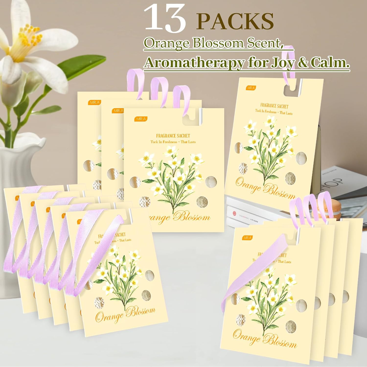 13 Packs Orange Blossom Scented Sachets for Drawer and Closet, Long-Lasting Car Air Freshener Sachet Bags, Drawer deodorizers Fresh Scents, Fragrance Bedroom Essentials