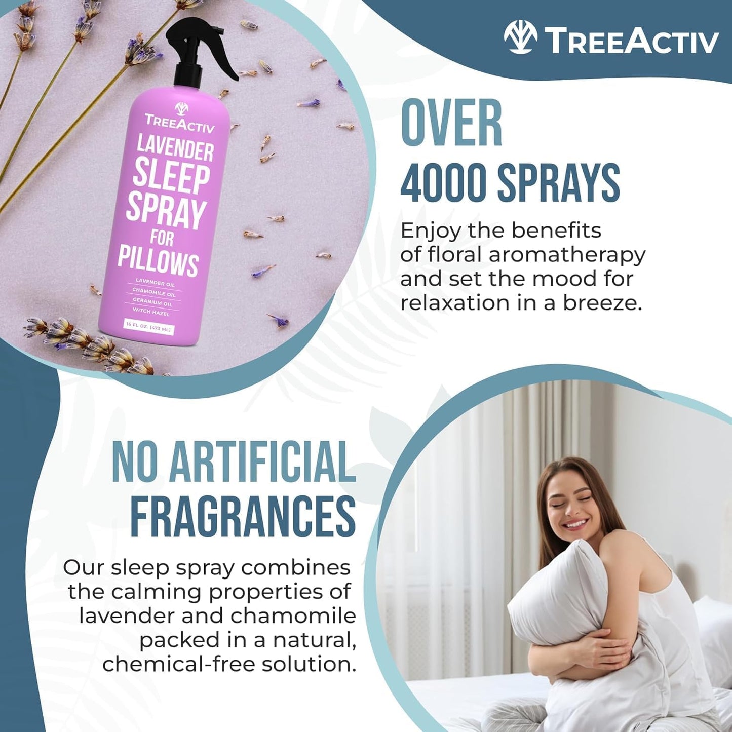 TreeActiv Sleep Spray Calming Lavender Chamomile, Soothing Witch Hazel & Lavender Pillow Spray Air Freshener for Room, Bed, Fabric, Pillows & Linen Mist for Sleeping & Relaxation, 4000+ Sprays, 16 Oz