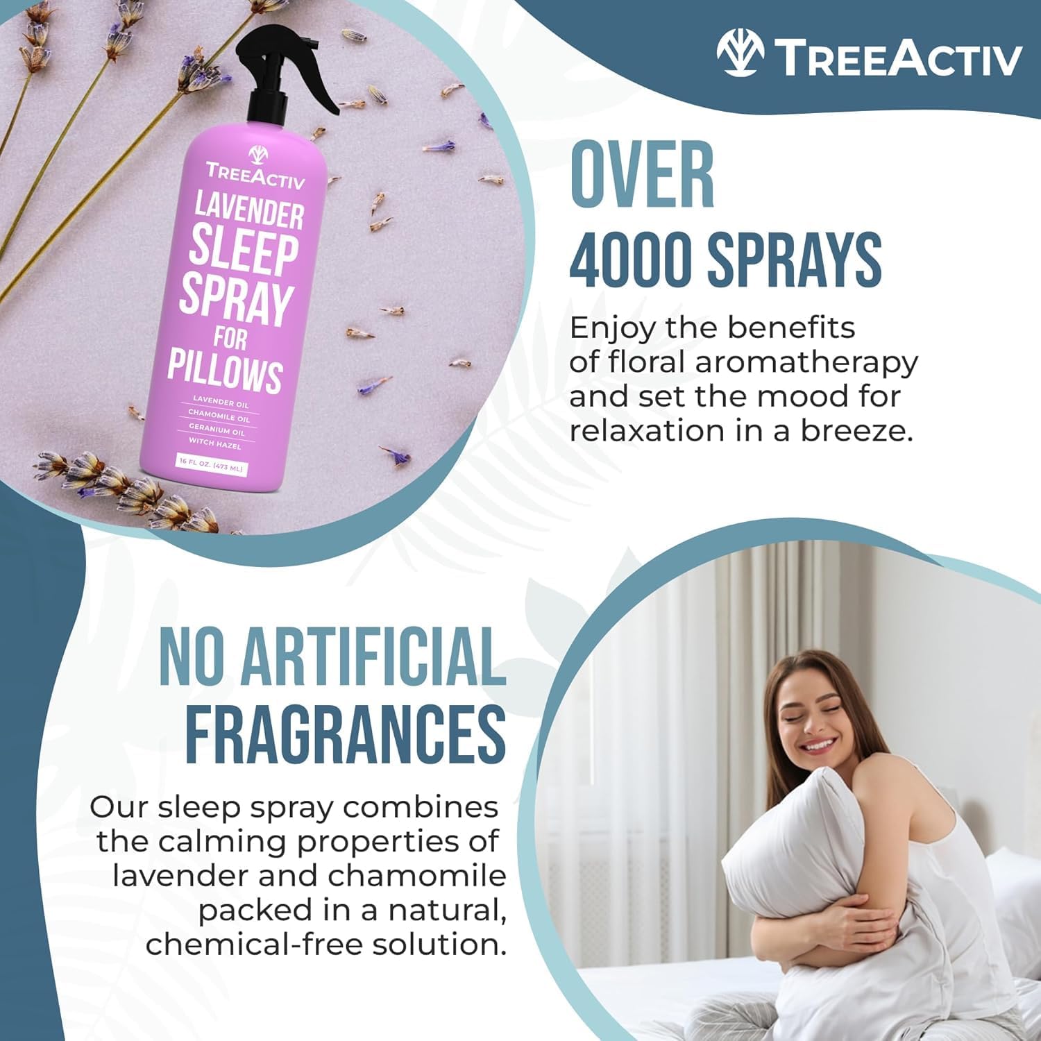 TreeActiv Sleep Spray Calming Lavender Chamomile, Soothing Witch Hazel & Lavender Pillow Spray Air Freshener for Room, Bed, Fabric, Pillows & Linen Mist for Sleeping & Relaxation, 4000+ Sprays, 16 Oz