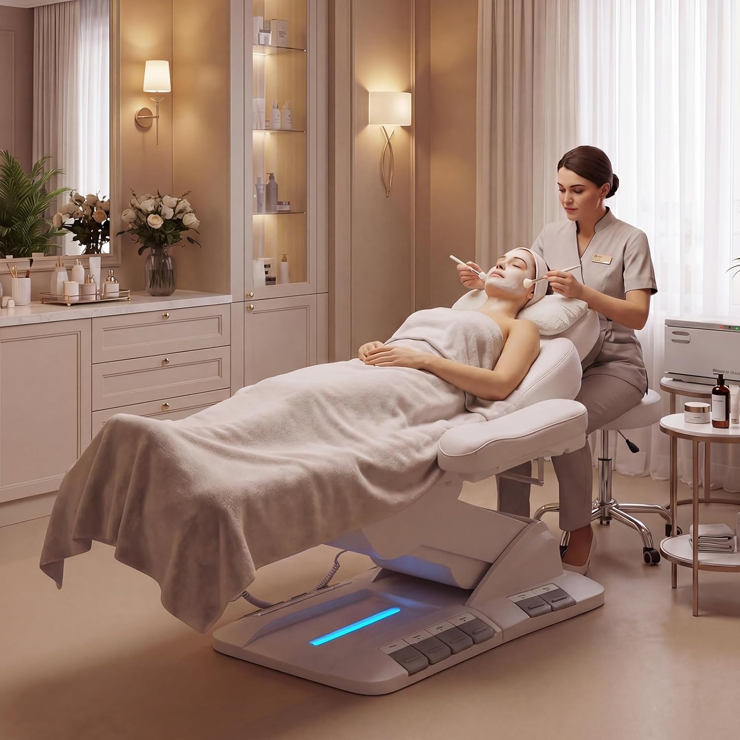 Fully Electric Massage Table, 3 Motor Adjustable Electric Esthetician Bed w/Dual-Side Foot Pedals, Handheld Remote & LED Light for Beauty Tattoo Spa Medical Treatment, Stool Included, White