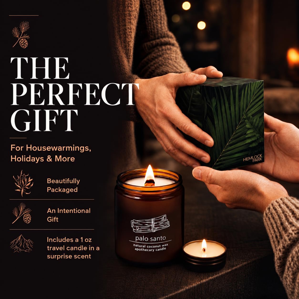 Hemlock Park Palo Santo Apothecary Scented Candle | Crackling Wood Wick, Botanical Fragrance & Coconut Apricot Wax | Up to 60 Hour Burn Time | 8 oz | Made in USA