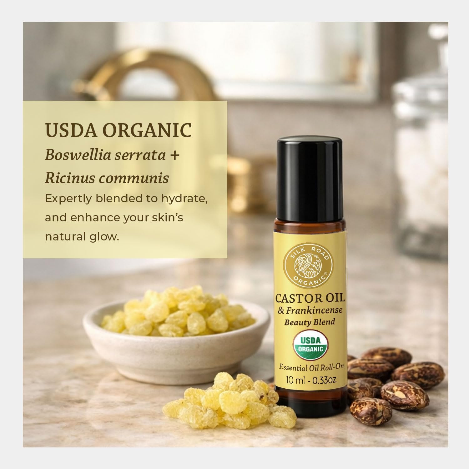 Silk Road Organic Castor Oil & Frankincense Essential Oil Under Eye Roll On for Bags, Dark Circles, Crows Feet, Fine Lines & Wrinkles | USDA Certified Aromatherapy for Delicate Eye Skin, 10ml Roller