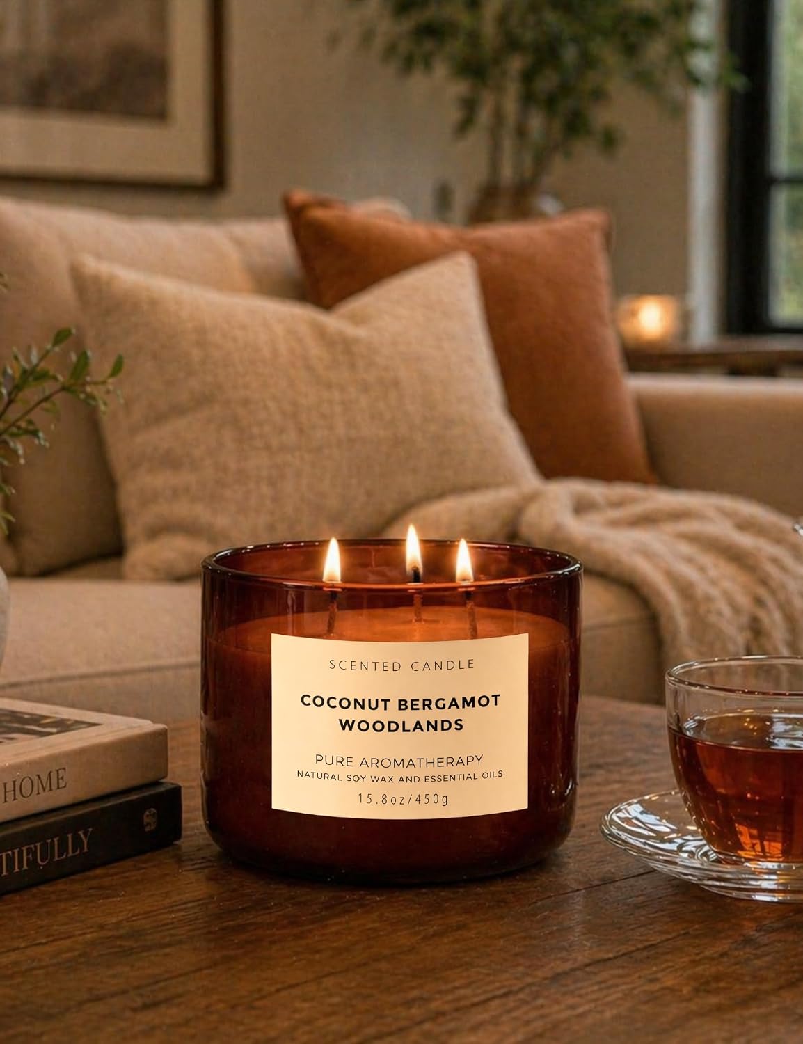 Coconut Bergamot Woodlands 3-Wick Soy Candle | 15.8 oz Large Scented Candle for Home | Clean Burn Long Lasting | Coconut Citrus Floral Scent | Gift Ready