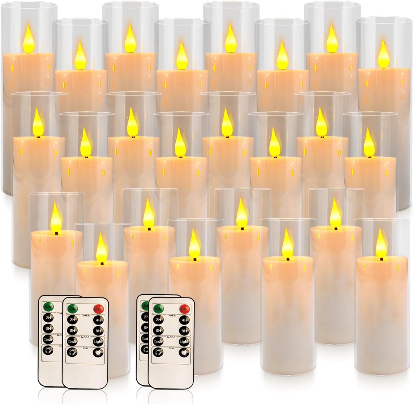 24 Pcs Acrylic LED Flameless Candles with 4 Remote,White,Flickering, Clear, Suitable for Wedding, Party, Home Decoration & Outdoor.