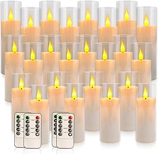 24 Pcs Acrylic LED Flameless Candles with 4 Remote,White,Flickering, Clear, Suitable for Wedding, Party, Home Decoration & Outdoor.