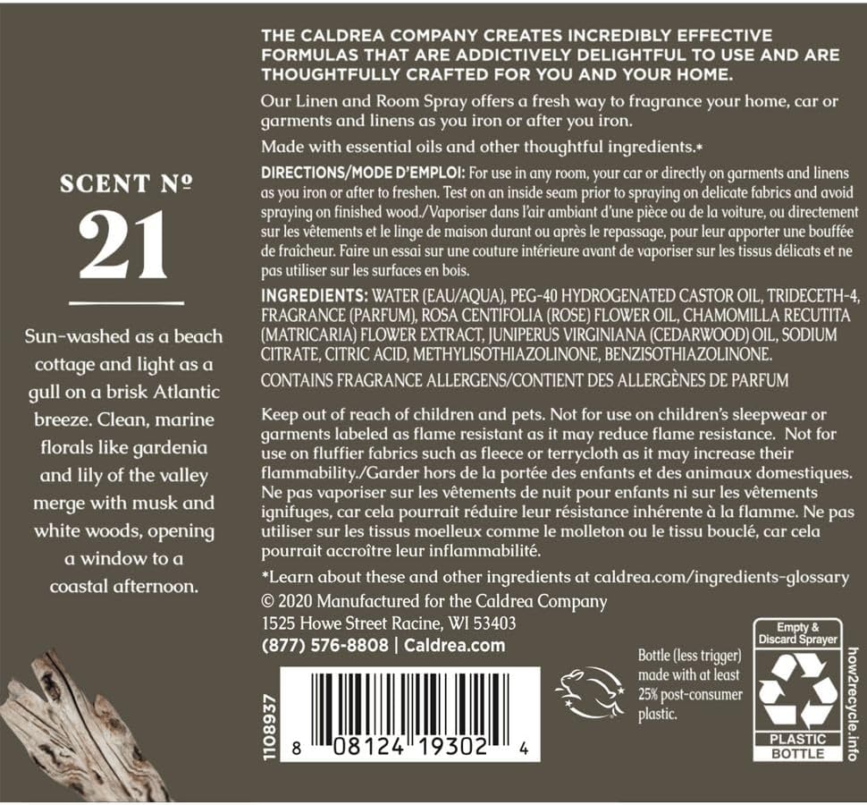 Caldrea Linen And Room Spray Air Freshener, Made With Essential Oils, Plant-Derived And Other Thoughtfully Chosen Ingredients, Rosewater Driftwood Scent, 16 Oz