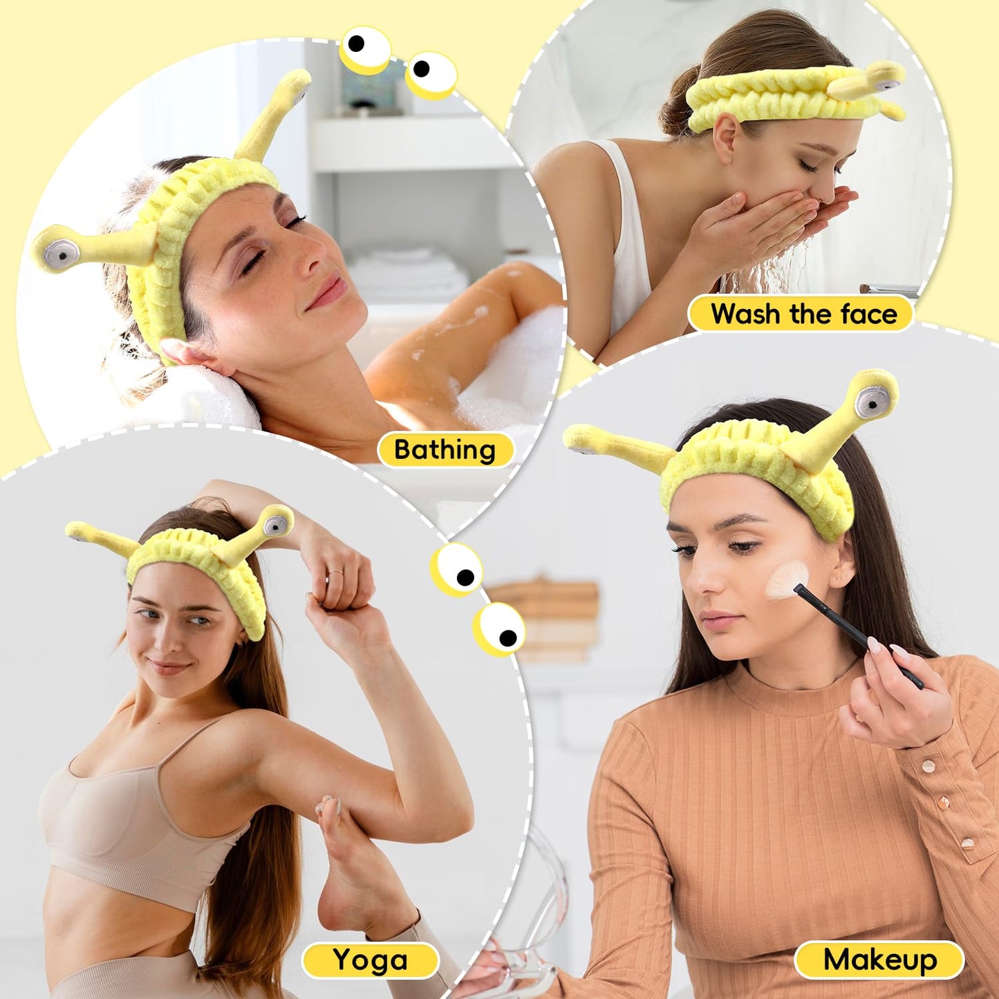Face Wash Headband, Skincare Wrist Bands for Washing Face Set Spa Hair Bands Gift for Women Girls with a Hair Scrunchie, Cute Yellow snail tentacle Elastic Headband, for Face Washing Makeup Skincare
