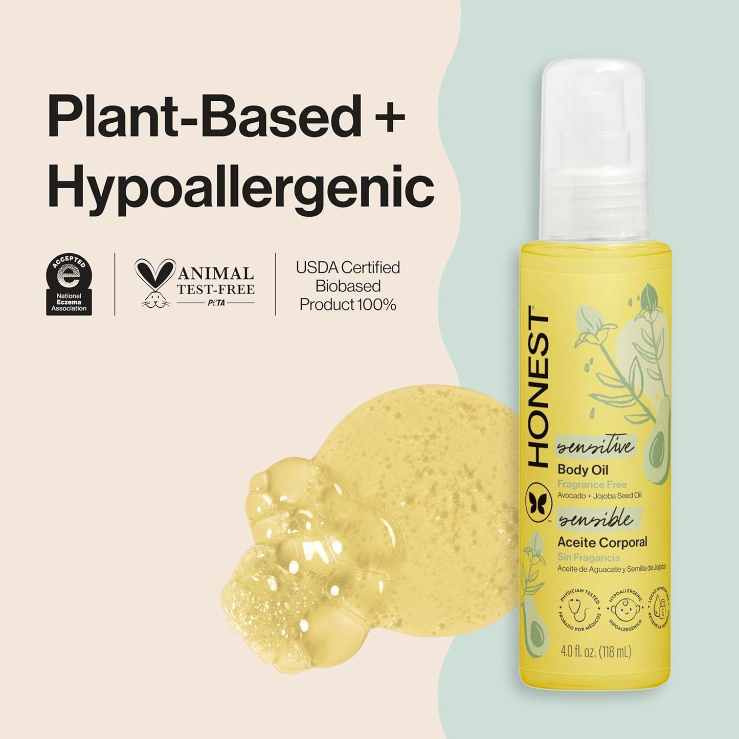 The Honest Company Fragrance-Free Moisturizing Body Oil, Nourish Soothe Baby's Skin, Plant-Based, Hypoallergenic Vegan, 4.0 fl oz