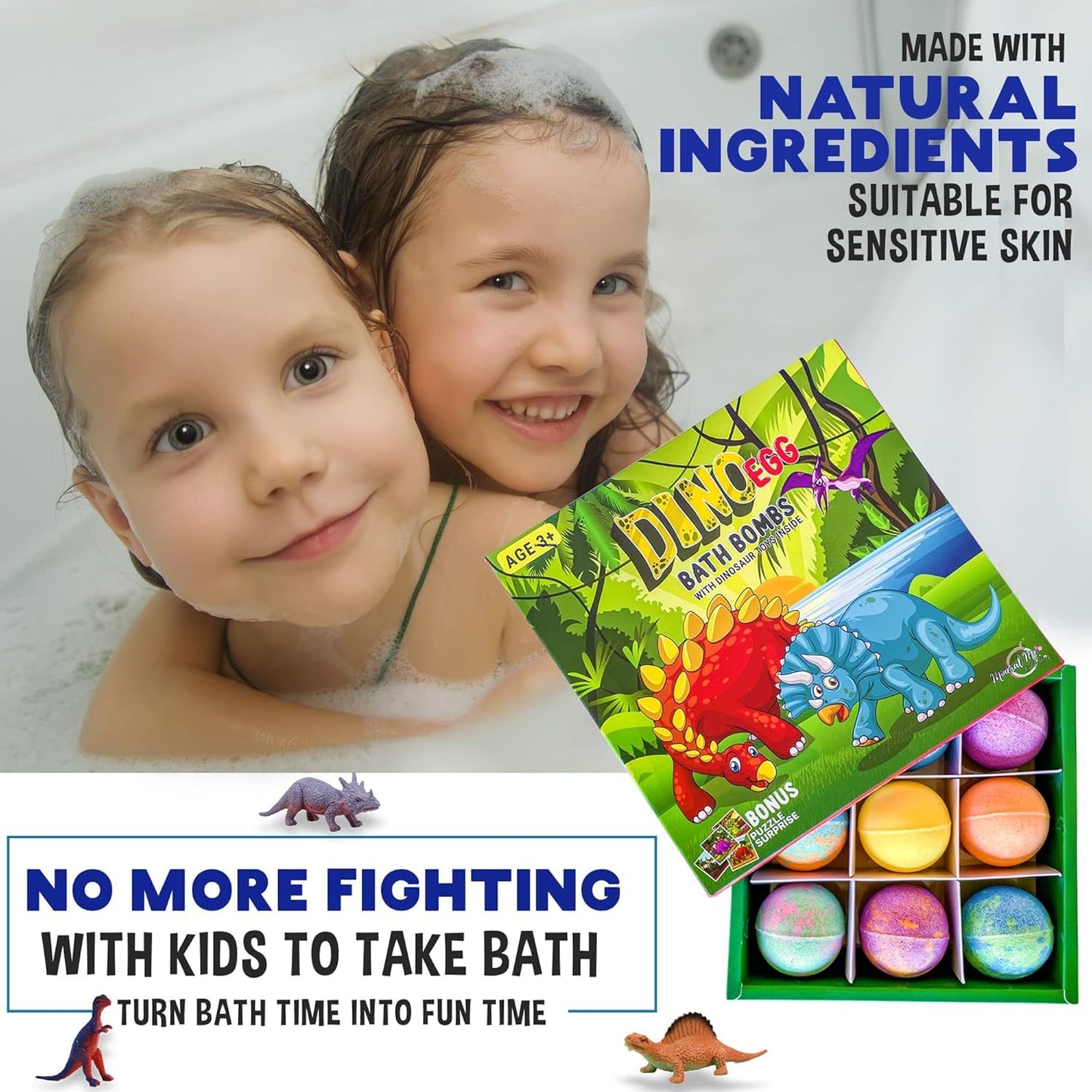 Bath Bombs for Kids with Surprise Toys Inside Plus Dinosaur Puzzle - Set of 9 Organic Dino Egg Bath Bombs with Rich Bubbles, Birthday Gifts for Kids