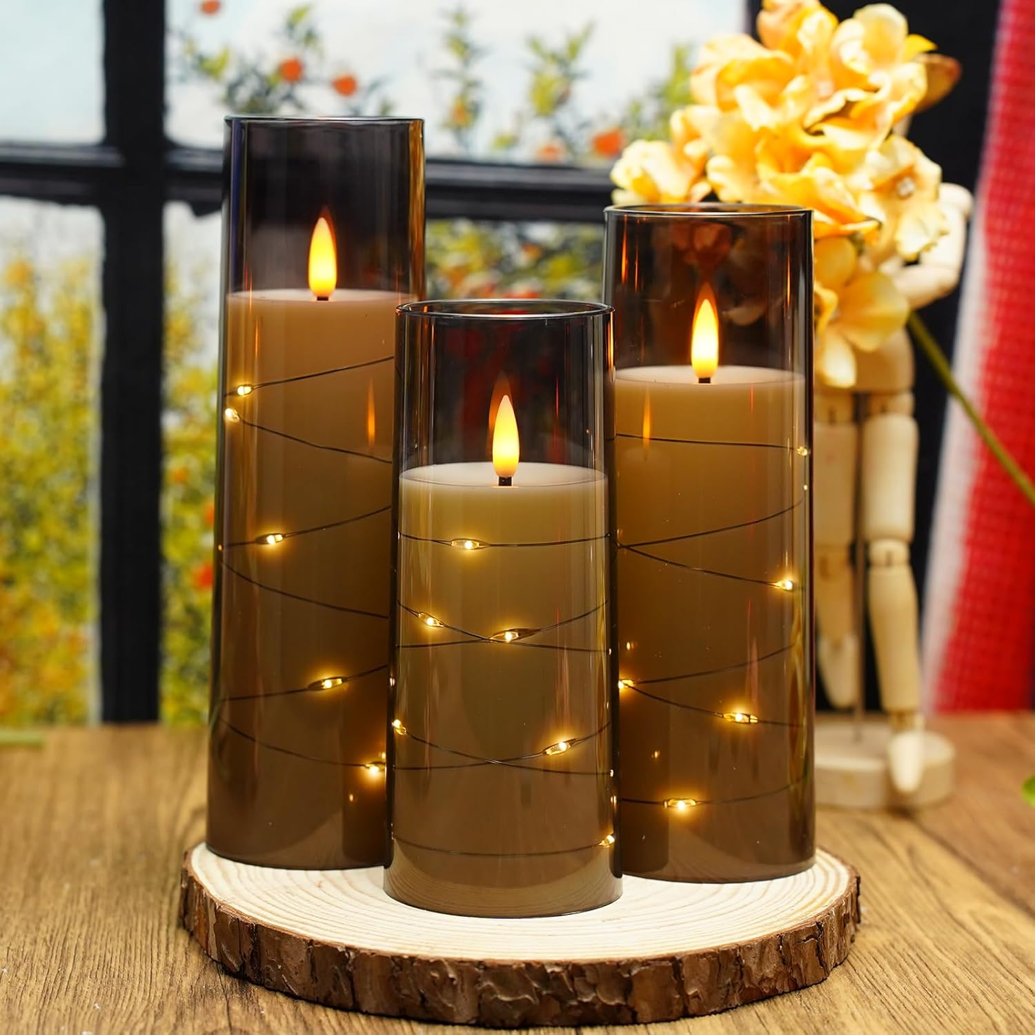 Nimiko Flickering Flameless LED Candles, 9 Pcs with Embedded Star String, Acrylic LED Pillar Candles with Remote, Suitable for Home Decoration (Grey)