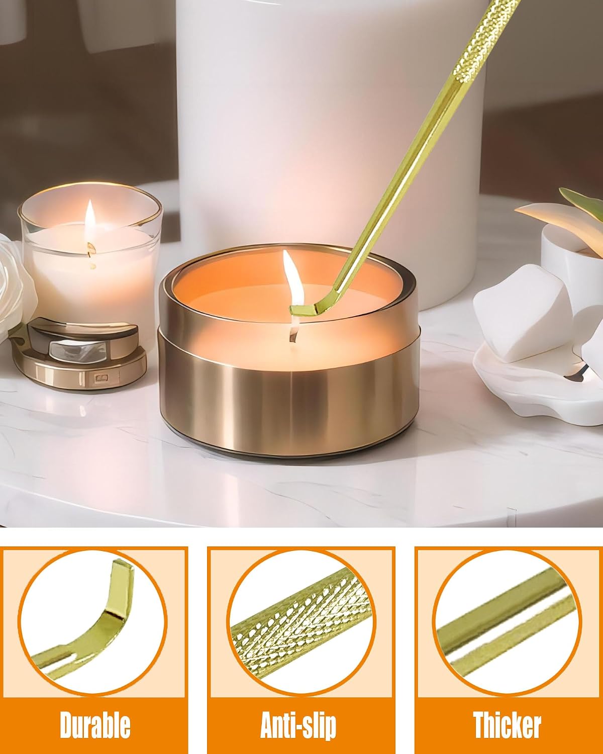 YOUTUOY 4 in1 Candle Accessory Set with Rechargeable Candle Lighter, Candle Wick Trimmer, Candle Wick Snuffer, Candle Wick Dipper, Candle Care Kit (Gold)