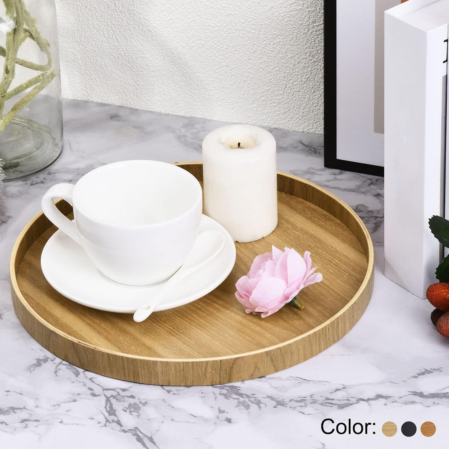 PATIKIL Wood Serving Tray 27cm/10 Inch, Round Decorative Platter for Home Decor Kitchen Table Candle Holder, Black