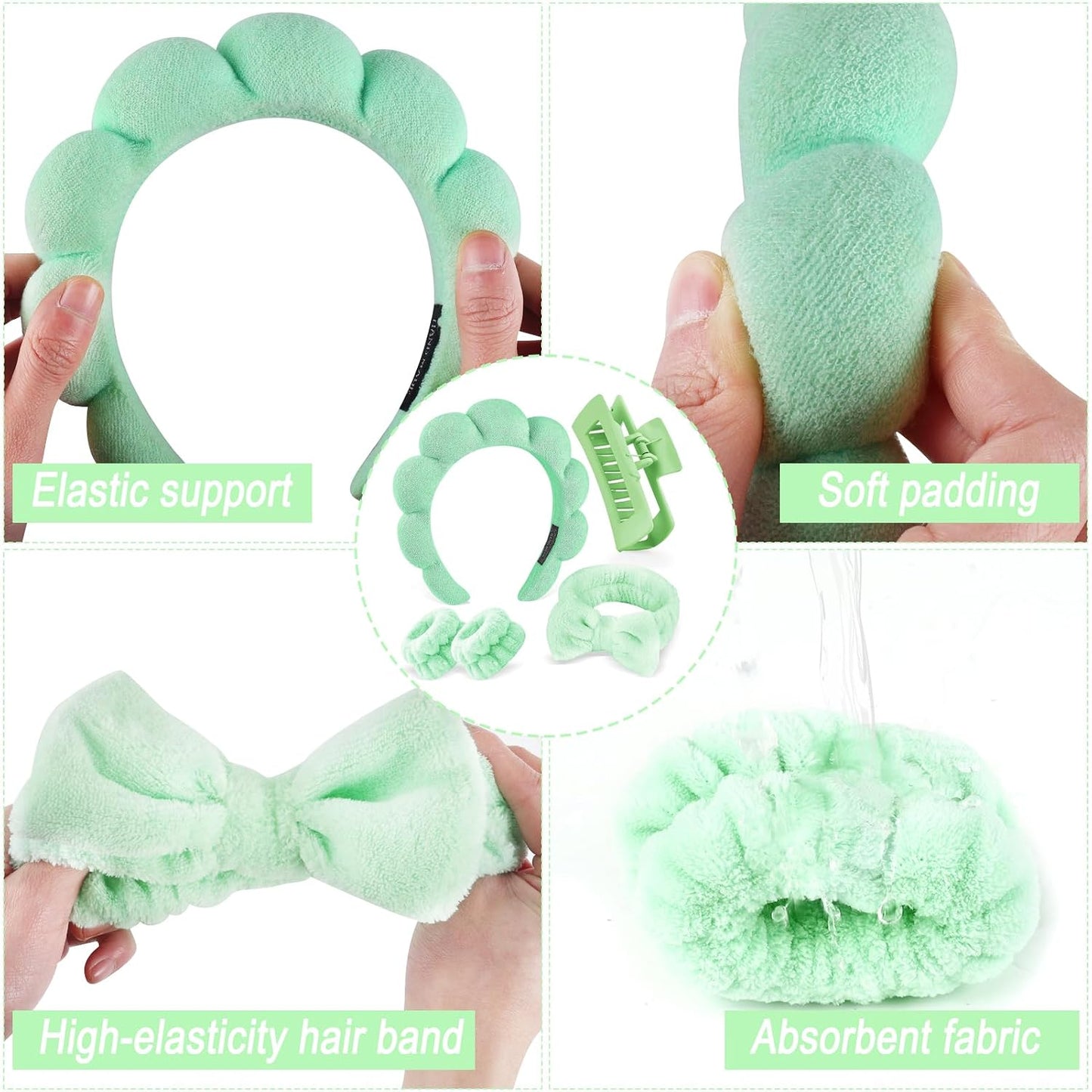 Zkptops 5Pcs Spa Headband for Washing Face Wristband Set Sponge Makeup Skincare Terry Cloth Bubble Soft Hairband Hair Claw Clips for Thick Hair Puffy Padded Headwear Non Slip Hairs Accessory (Green)