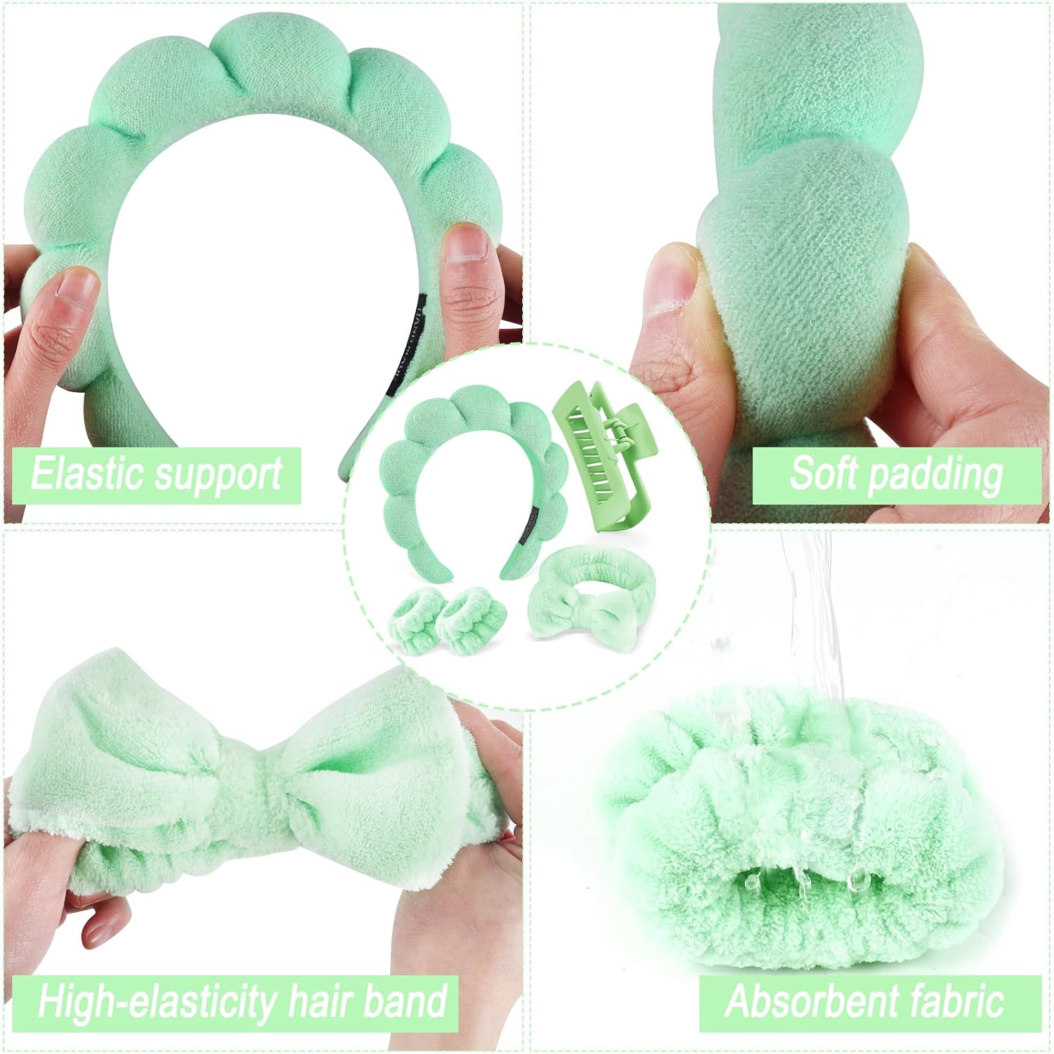 Zkptops 5Pcs Spa Headband for Washing Face Wristband Set Sponge Makeup Skincare Terry Cloth Bubble Soft Hairband Hair Claw Clips for Thick Hair Puffy Padded Headwear Non Slip Hairs Accessory (Green)