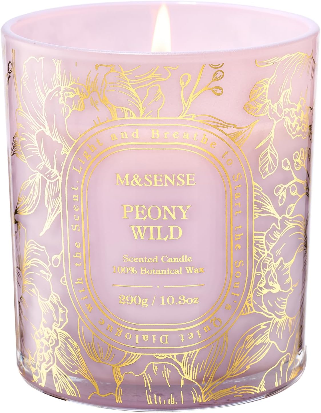 M&SENSE Wild Peony Soy Scented Candle, 10.3oz Golden Stamped | 55H Burn Time, Clean Non-Toxic, Summer Floral Romantic, Housewarming Gift