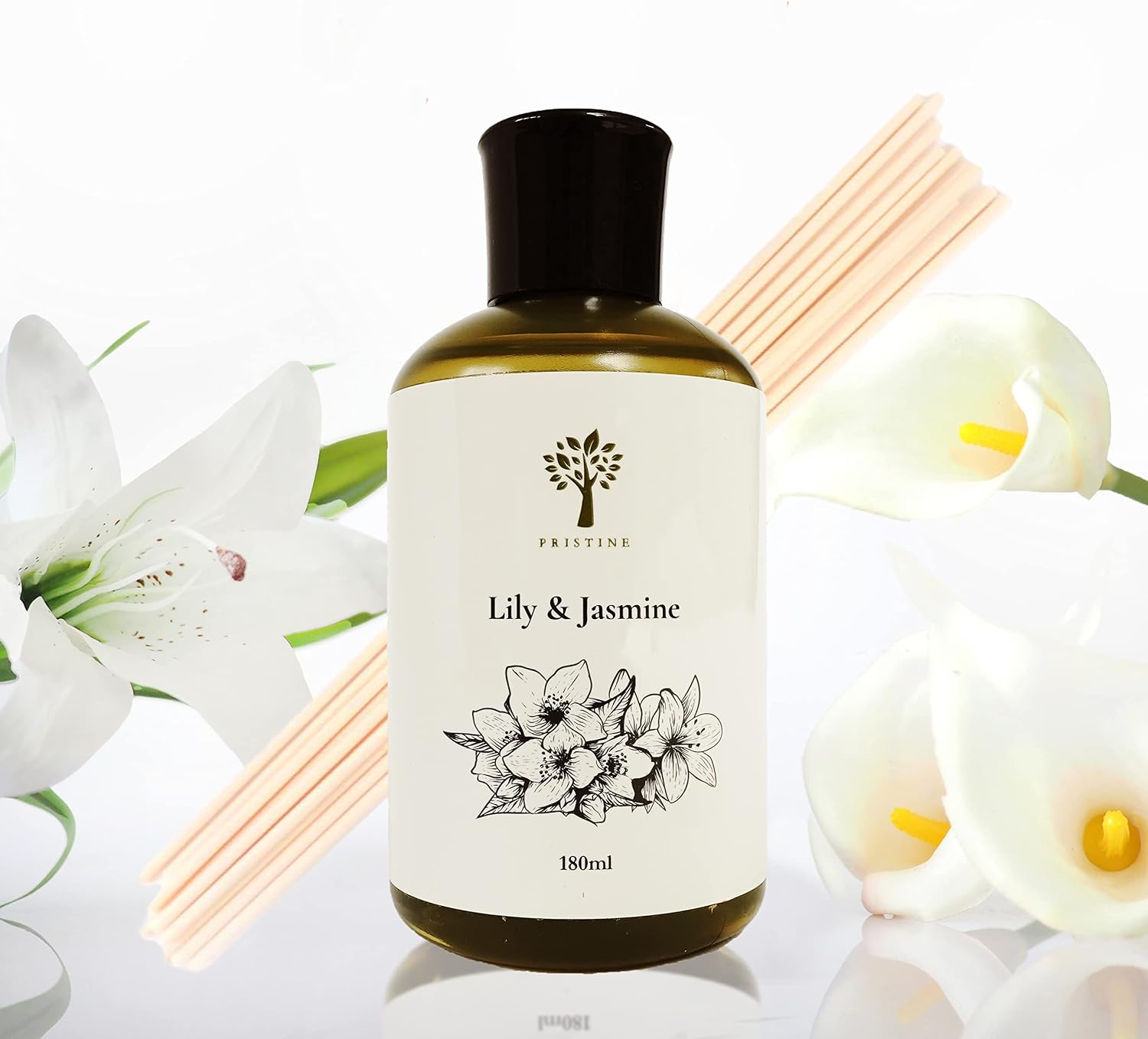 PRISTINE Lily & Jasmine Diffuser Refill with Free Reed Stick | Lily of Valley & Jasmine Room Fragrance Reed Diffuser, Oil & Room Diffusers with Reeds Stick Set | Refreshing Home Fragrance Scent