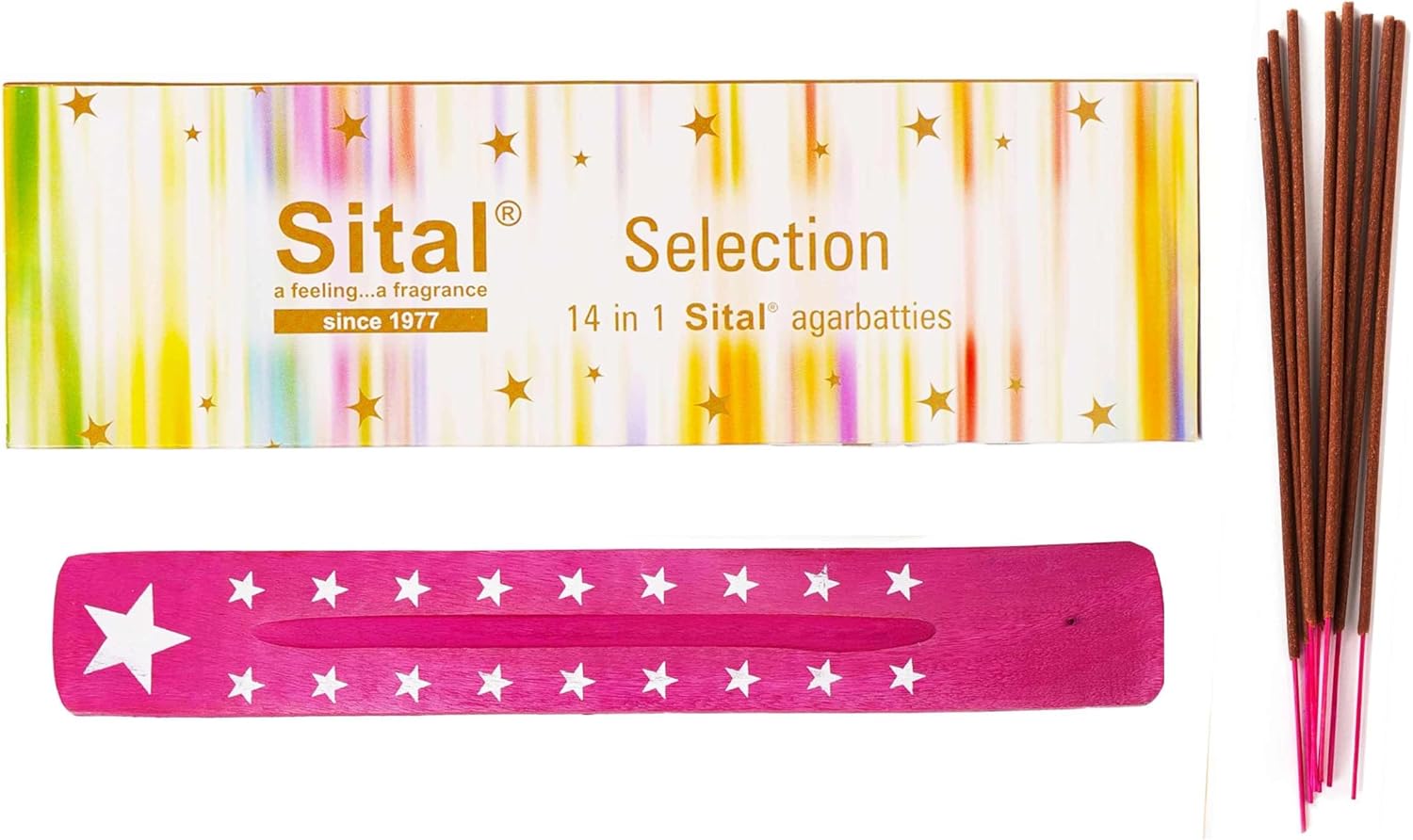 Premium Incense Sticks for Cleansing House, Relaxation, Stress Relief, Meditation & Positivity with 1 Assorted Wooden Incense Stick Holder - 14 Fragrances, 100g, 3 Sticks Per Fragrance, Hashcart®