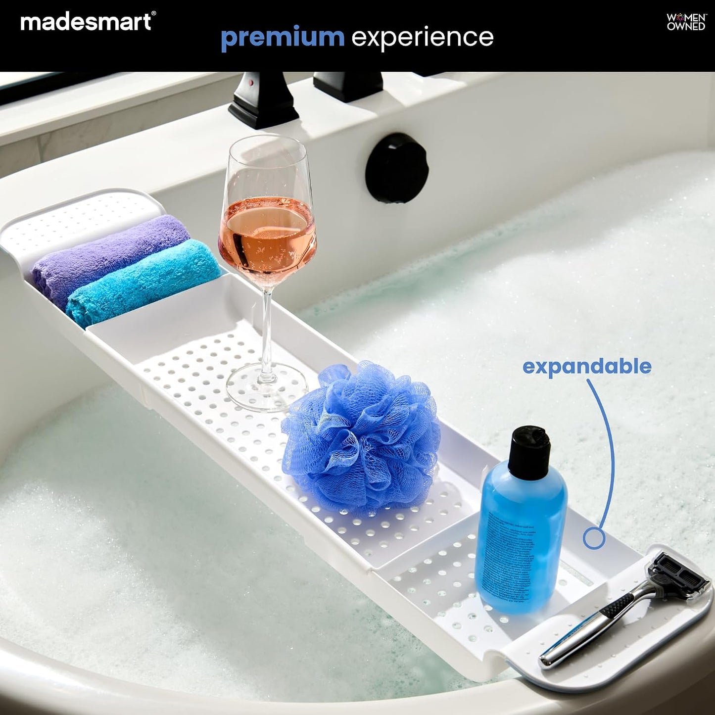 madesmart Expandable Bath Shelf, Adjustable Bathtub Tray for Bath-Night, Holds Glasses, Soaps, Toys & Bath Essentials, Non-Slip Grip, Fits Most Tubs, White
