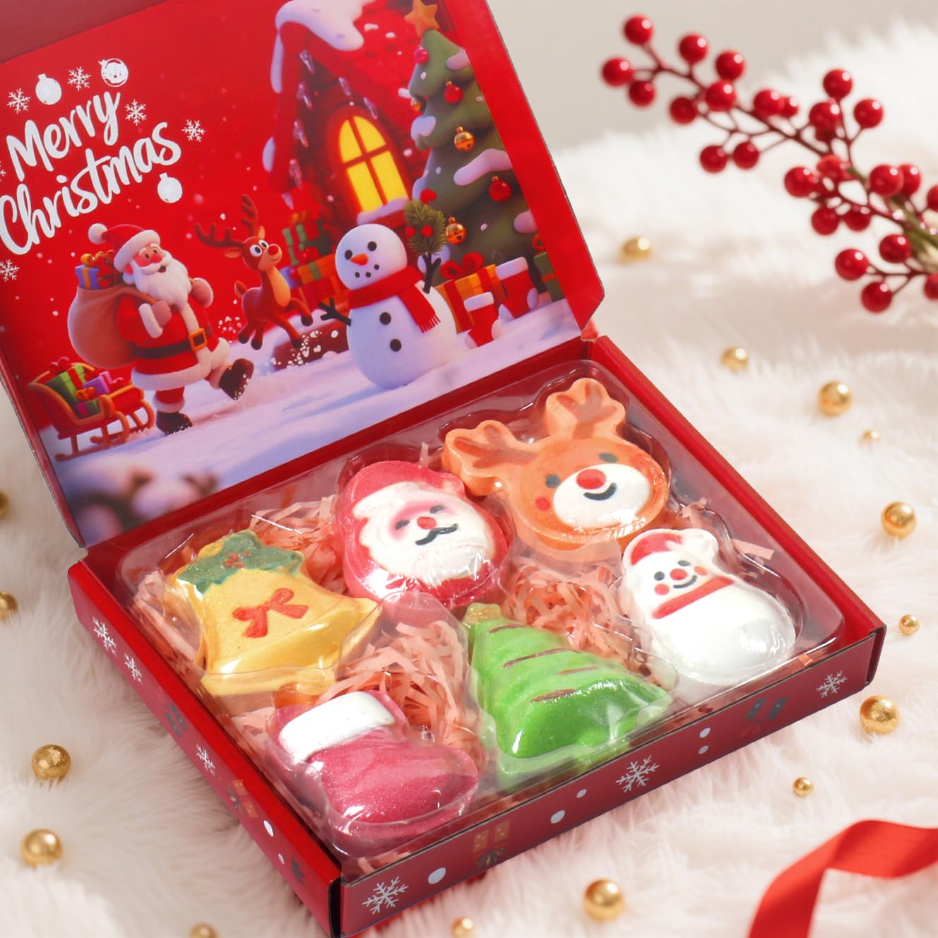 Christmas Bath Bombs for Kids, 6 Festive Shapes, Stocking Stuffer Gift Set | 6 large Christmas bath bombs offer a fuller soak with colorful fizz and scents, ideal gifts for kids and stocking stuffers
