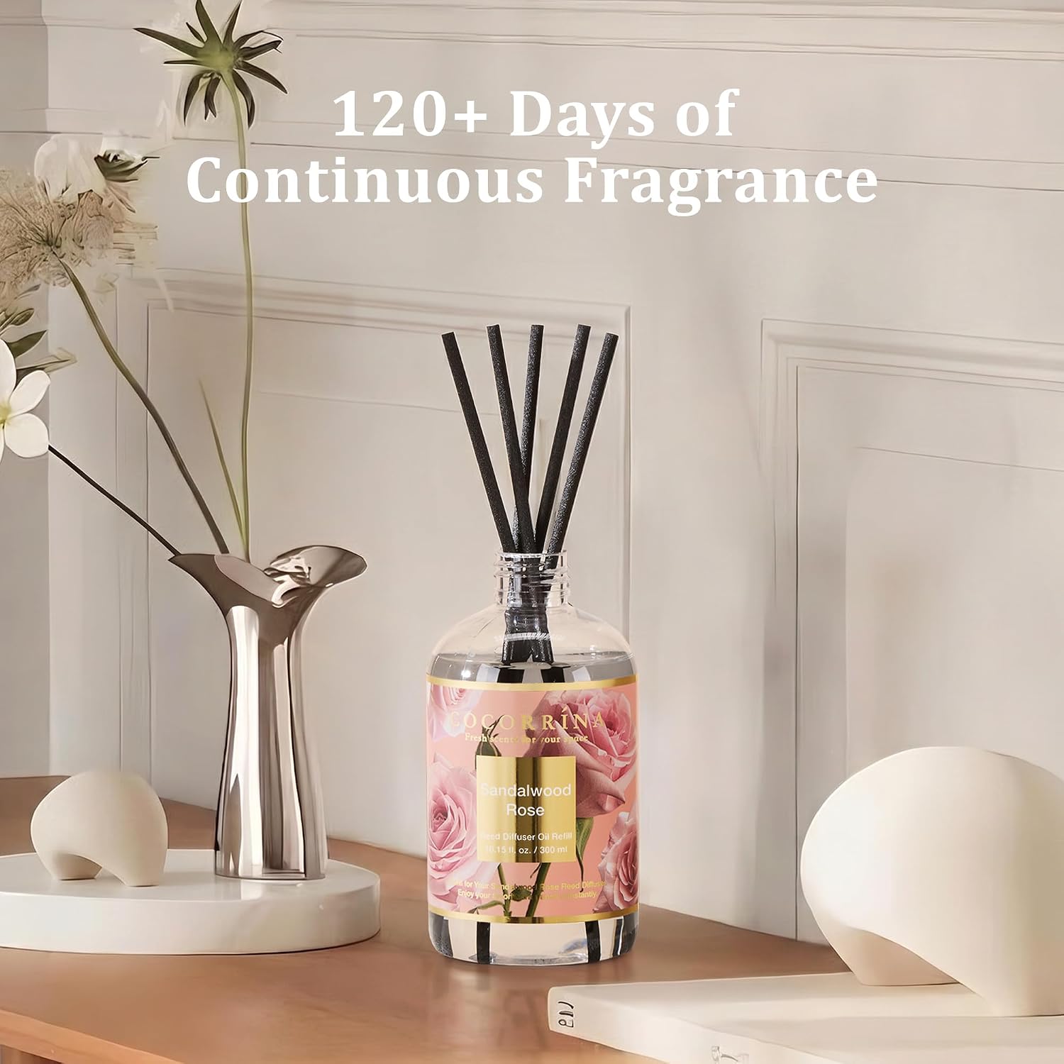 Cocorrína Reed Diffuser Refill Sandalwood Rose 10.2oz (300ml) with 8 Sticks - Premium Long-Lasting Floral Essential Oil, Home Fragrance for Bedroom, Bathroom Home Decor