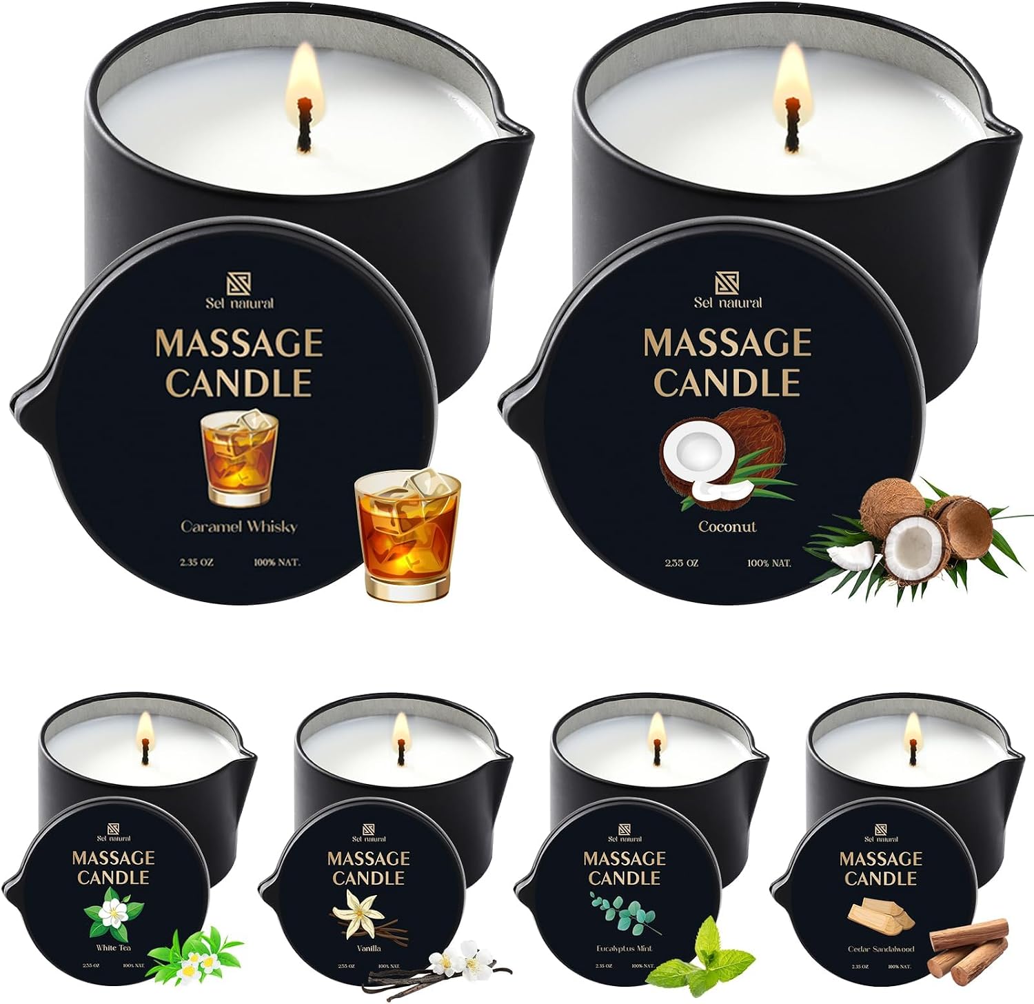 6 Pack Massage Oil Candles 2.35 oz Low Temp Soy Massage Candles 6 Scent Spa Therapy Body Oil Home Valentine's Day Gift for Relaxation, Couples, or Self-Care