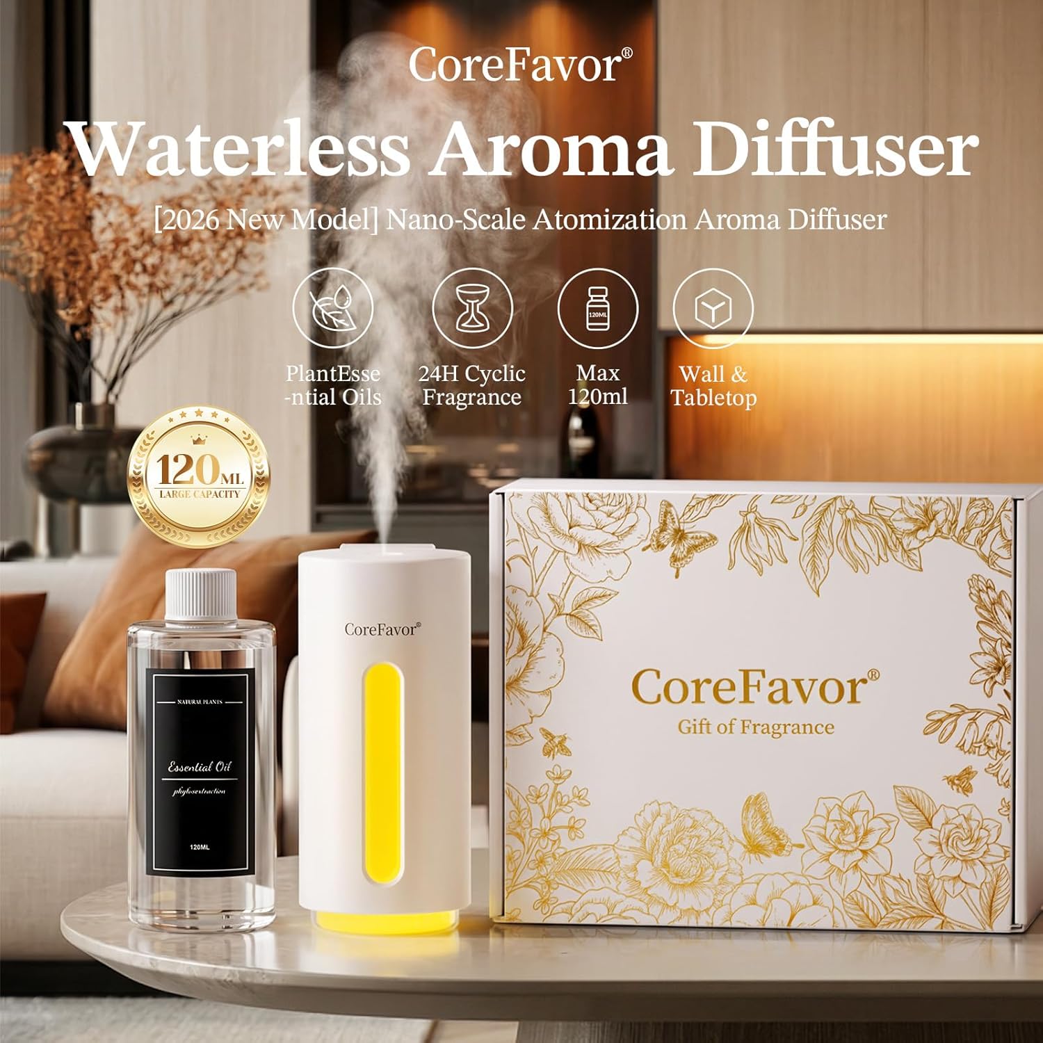Waterless Essential Oil Diffuser (H2) with 120ml Oil, Portable Battery-Operated Cold Air Aroma Scent Machine, 6 Mist Modes with 5 Color LED Lights, Quiet Diffuser for Home Car (Lavender)