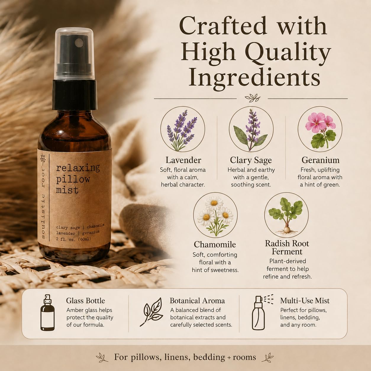 Soulistic Root Relaxing Pillow Mist | Lavender Chamomile Linen Room Spray for Pillows, Bedding and Linens, Botanical Home Fragrance in Glass Bottle (4 oz)