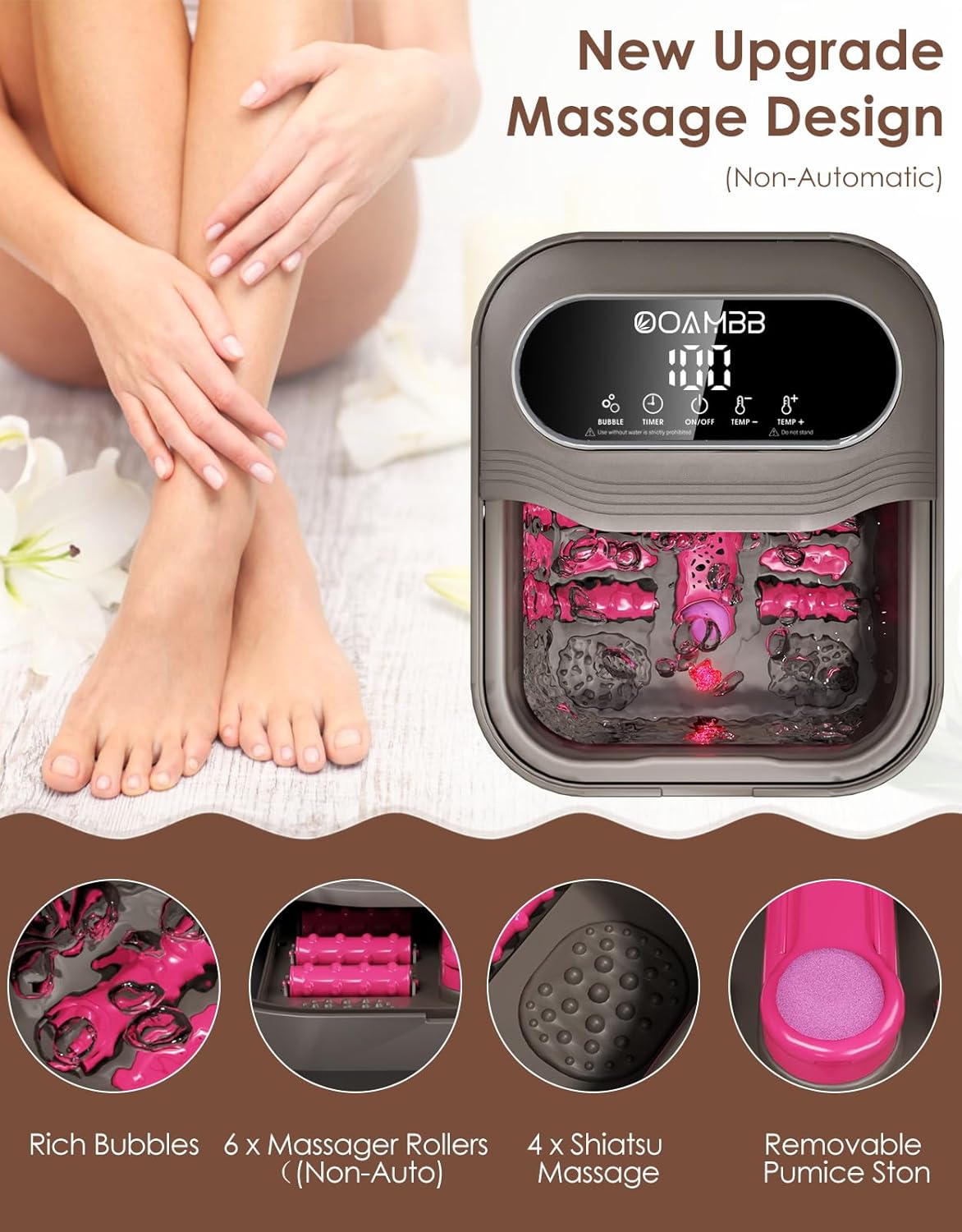 OOAMBB Collapsible Foot Spa with Heat, Bubble and Temp Control, Foot Bath Massager with XL Touch Screen and Massage Rollers, Foot Soaking Tub, Pedicure Foot spa for Stress Relief (Grey)