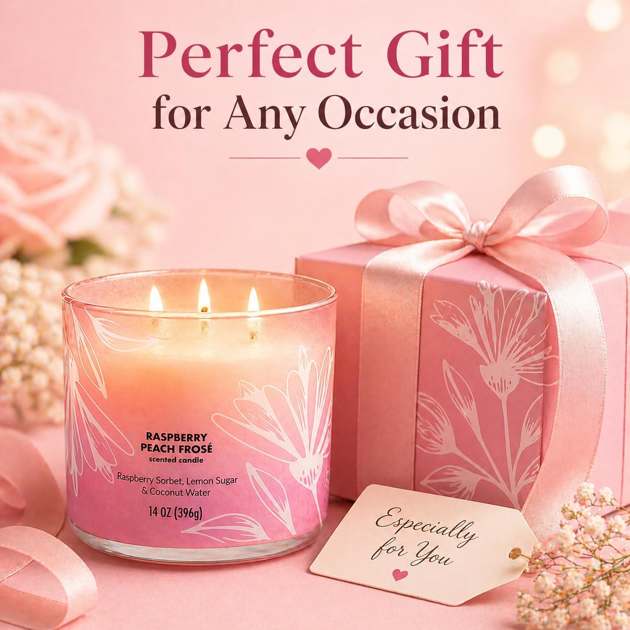 3 Wick Scented Candle, 14 oz, Ombre Glass Jar, Raspberry Peach Fragrance, Decorative for Living Room, Bedroom, and Gift