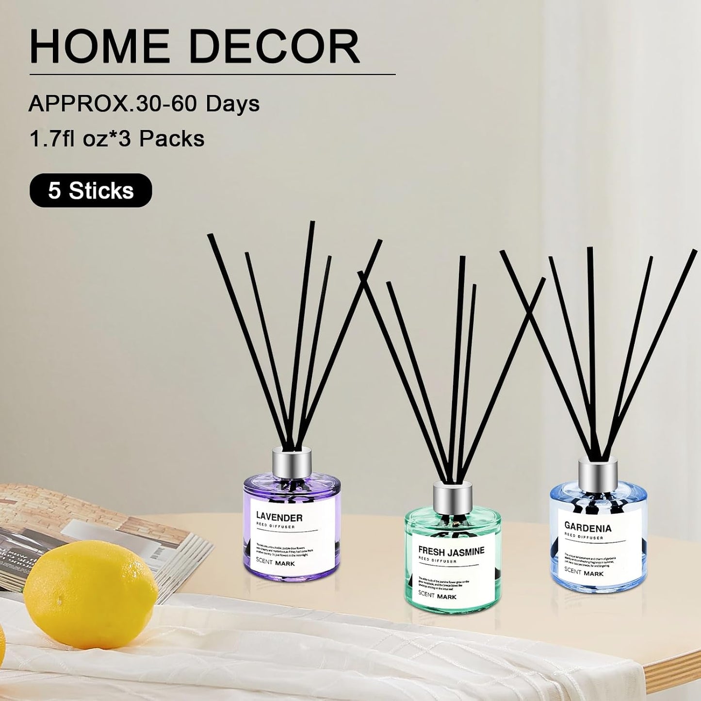 Reed Diffuser Set of 3 Pack,50ML Lavender Jasmine Gardenia Scented Oil Diffuser with 5 Sticks,Home Fragrance Reed Diffuser for Bedroom Bathroom Office (Lavender/Jasmine/Gardenia)