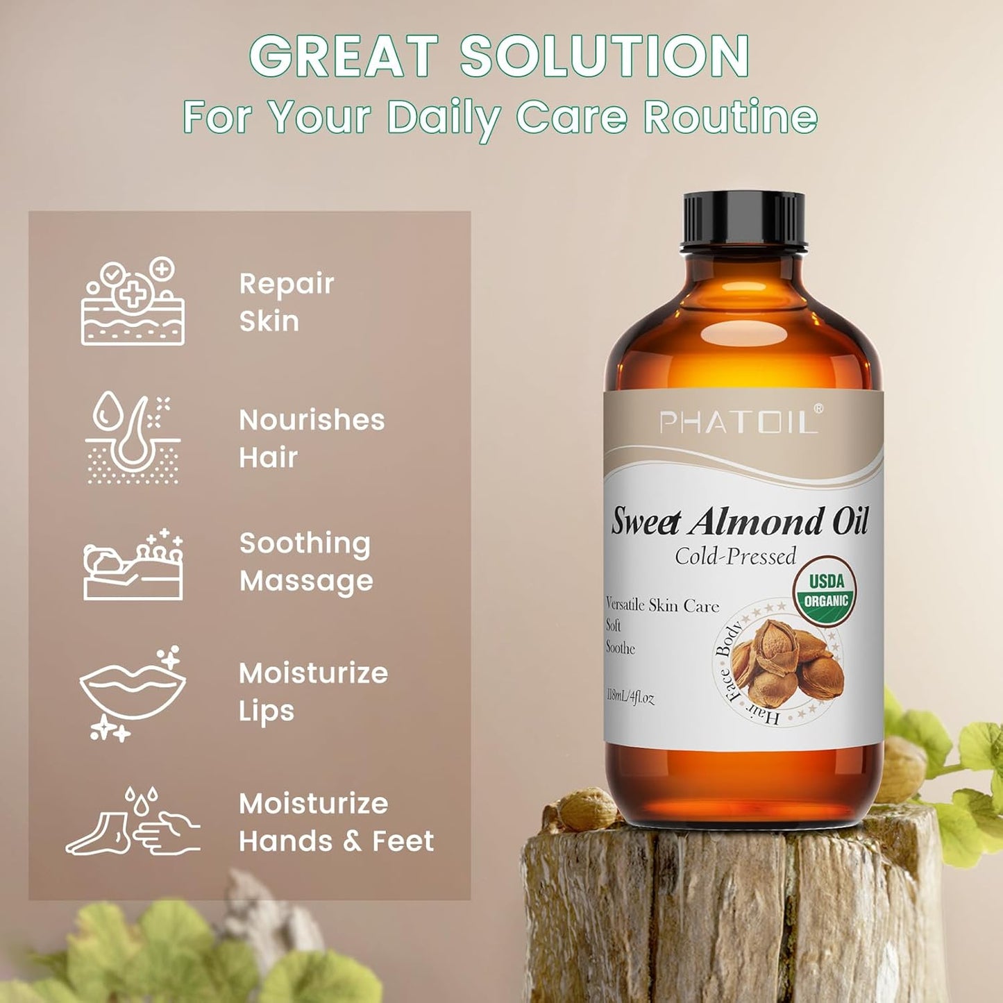 PHATOIL Organic Sweet Almond Oil for Skin 118 ml (4 fl.oz), USDA Certified Organic, Cold Pressed Almond Oil in Glass Bottle for Hair, Face, Body Moisturizer, Carrier Oil for DIY, Massage
