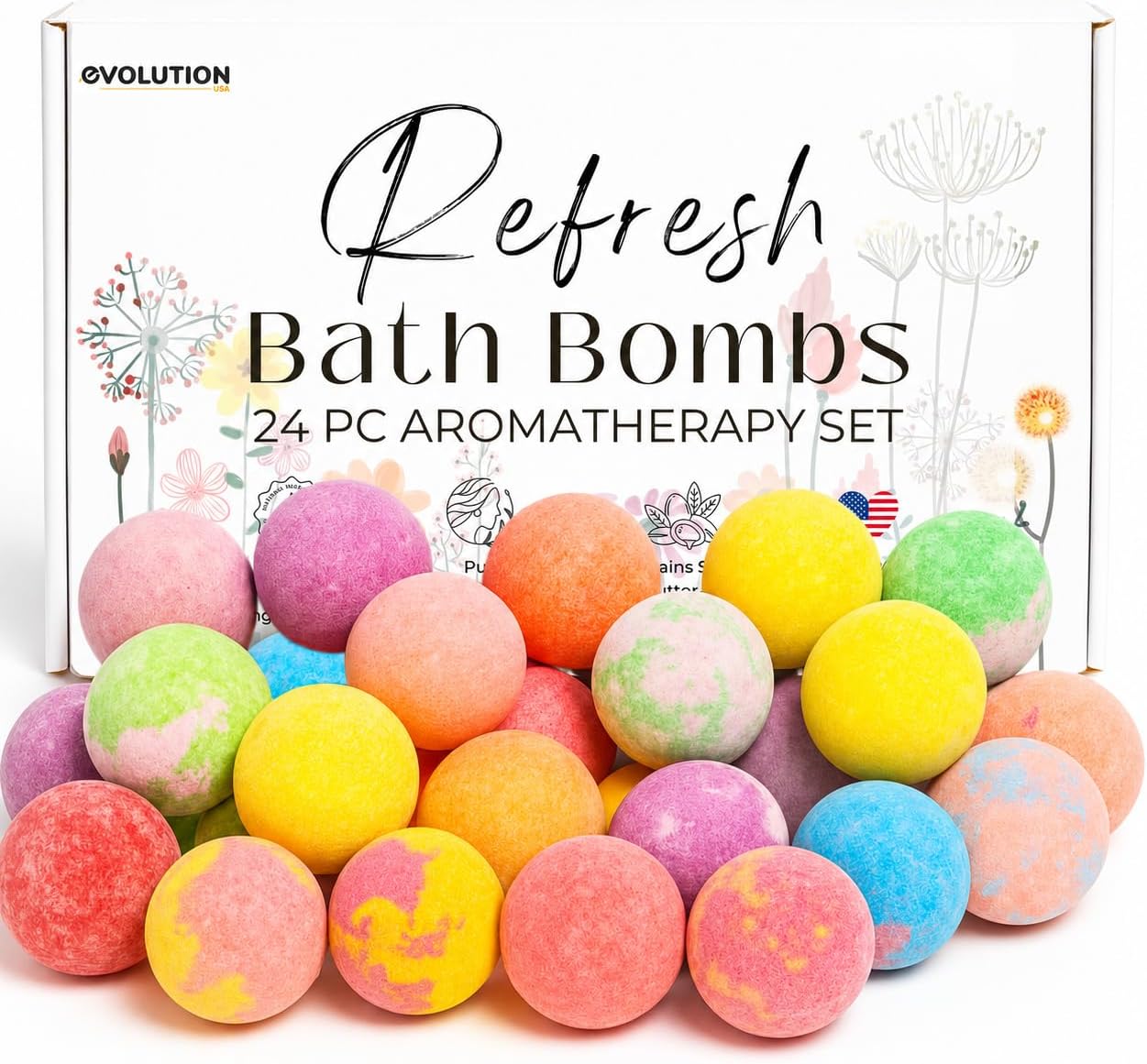 EvolutionUSA Refresh Bath Bombs for Women & Kids – 24 Bath Bombs Mini Sized, Organic Bathbomb Set, Women & Kids Bath Fizz, Luxury Gift for Mother’s Day, Easter, Valentines, Birthday or Self Care