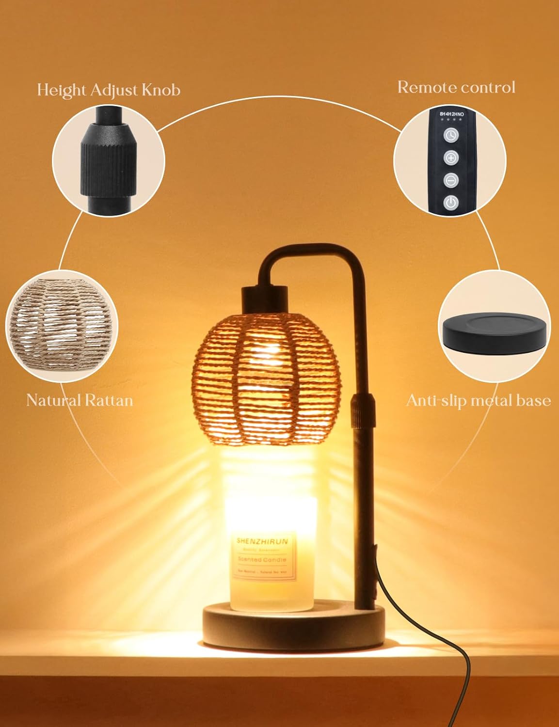 Candle Warmer Lamp with Timer Dimmable, Natural Weaving Boho Electric Candle Lamp, Wax Warmer Lamp for Mothers Day Gifts for Mom, House Warming Gifts New Home Decor