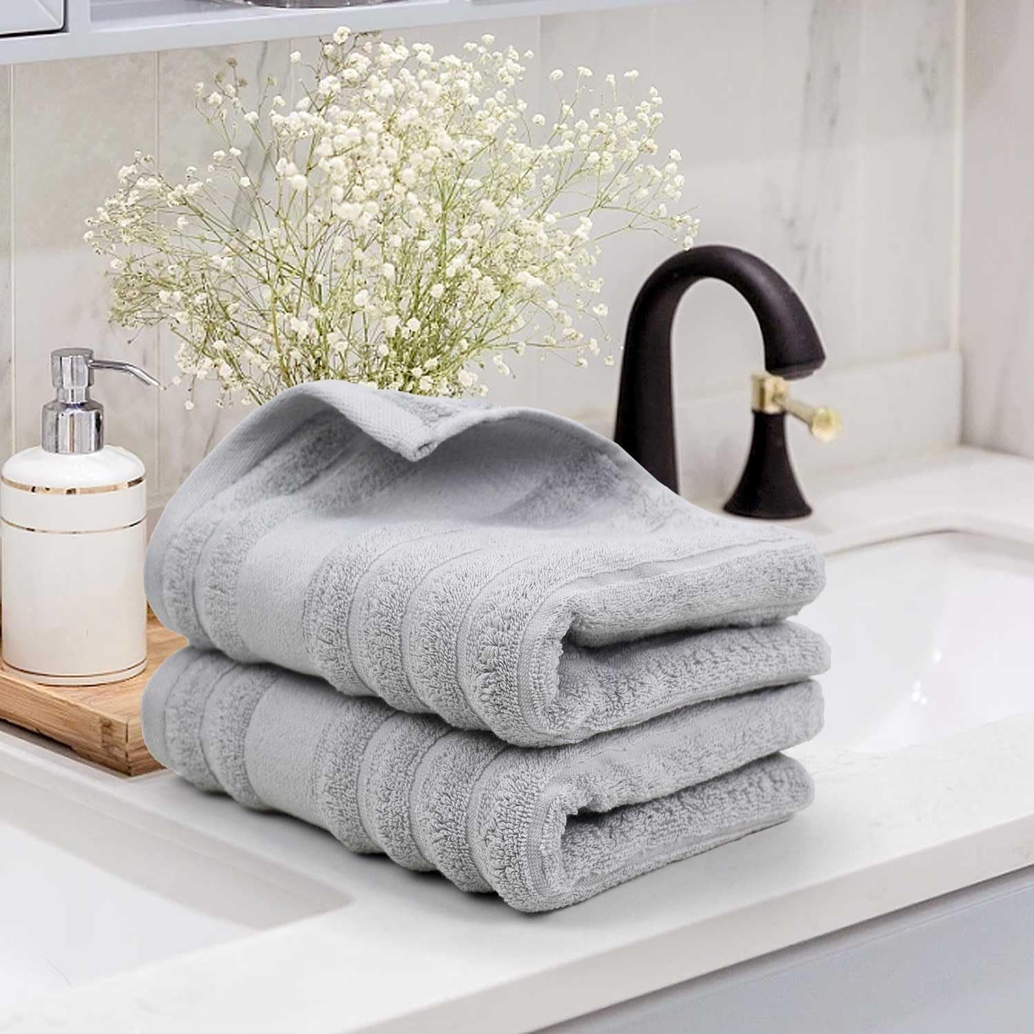 Jacquotha Light Grey Face Towels Set of 2 Ribbed - 480 GSM Cotton Ultra Soft, Luxury Textured Hand Towel for Spa Hotel