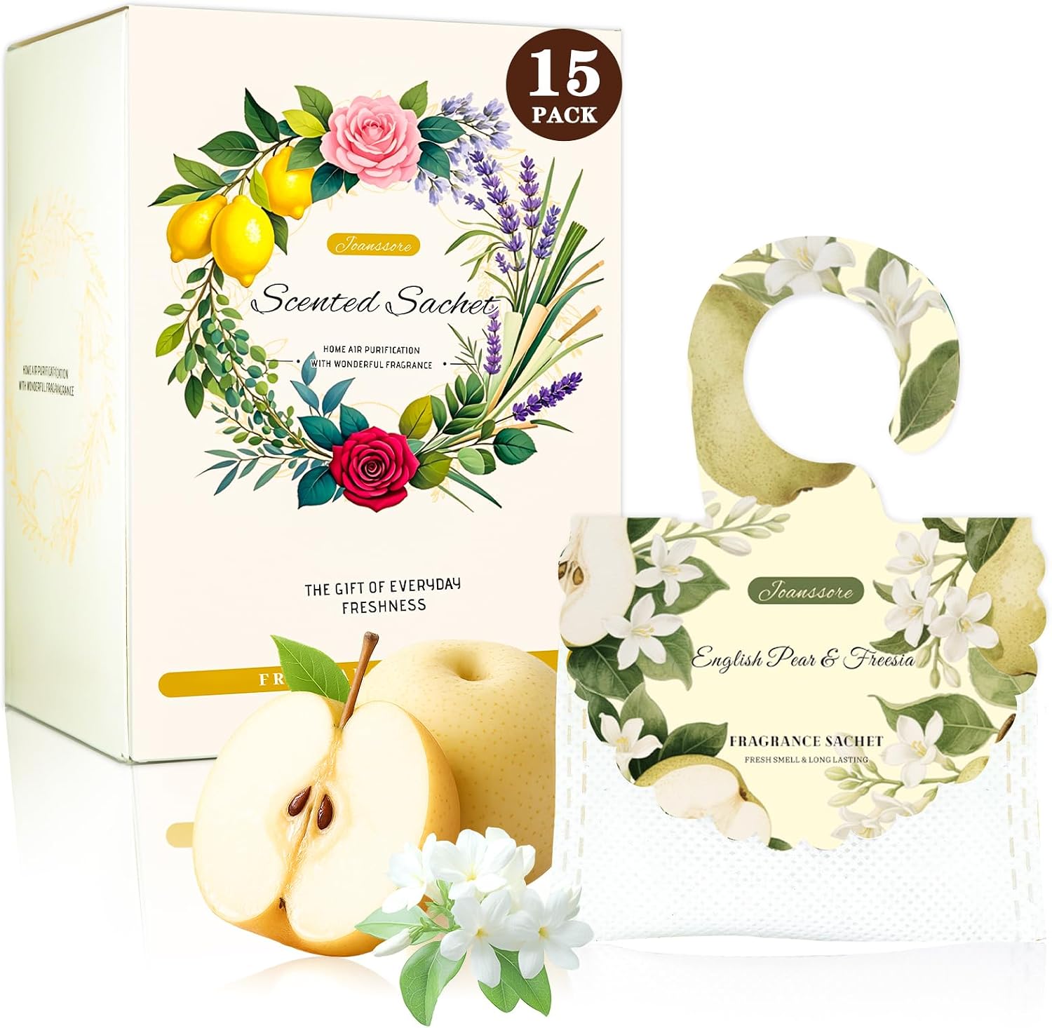 15 Packs Scented Sachets Bag for Drawers and Closets, Home Fragrance Sachet, Long-Lasting Hanging Closet Deodorizer Smell Goods for House (English Pear & Freesia)