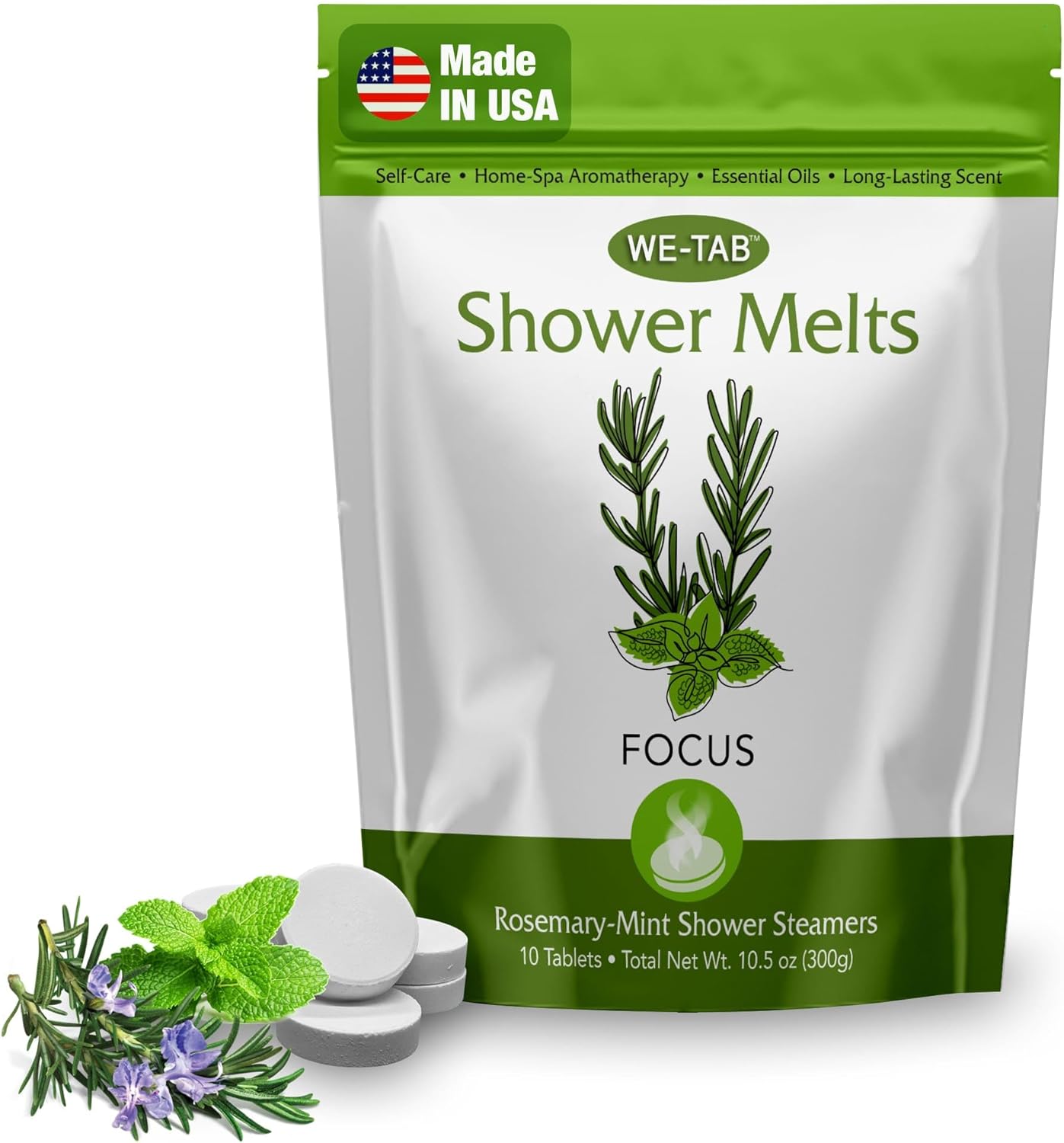 Shower Steamers 10-pk with Essential Oil Aromatherapy to Focus, Long Lasting Rosemary Mint Scent, No Stain or Artificial Dye, for Relaxation, Stress Relief & Self Care